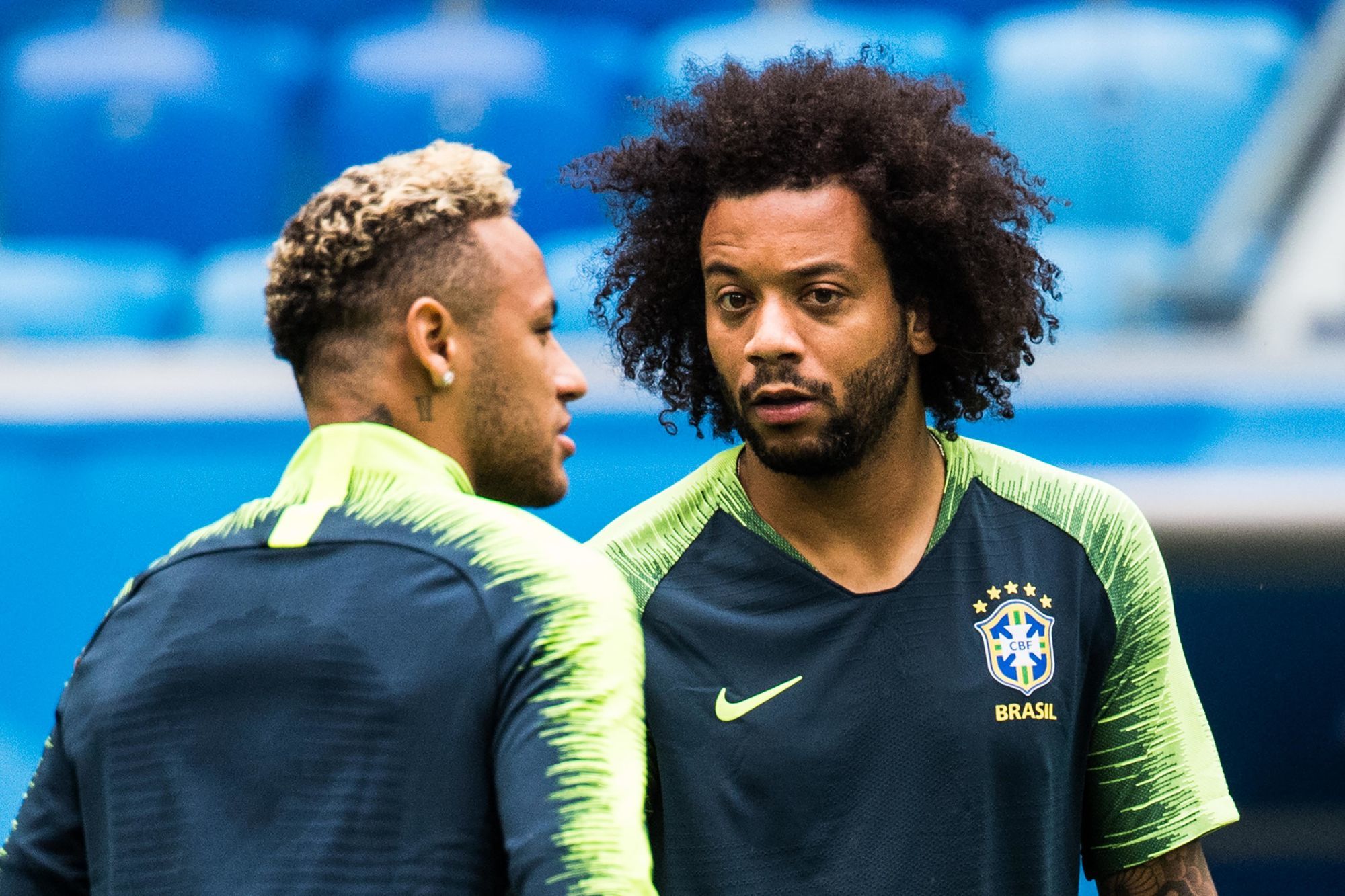 Neymar and Marcelo of Brazil during a practice session during the FIFA World Cup on June 21, 2018 in Saint Petersburg.

Photo : Bildbyran / Icon Sport