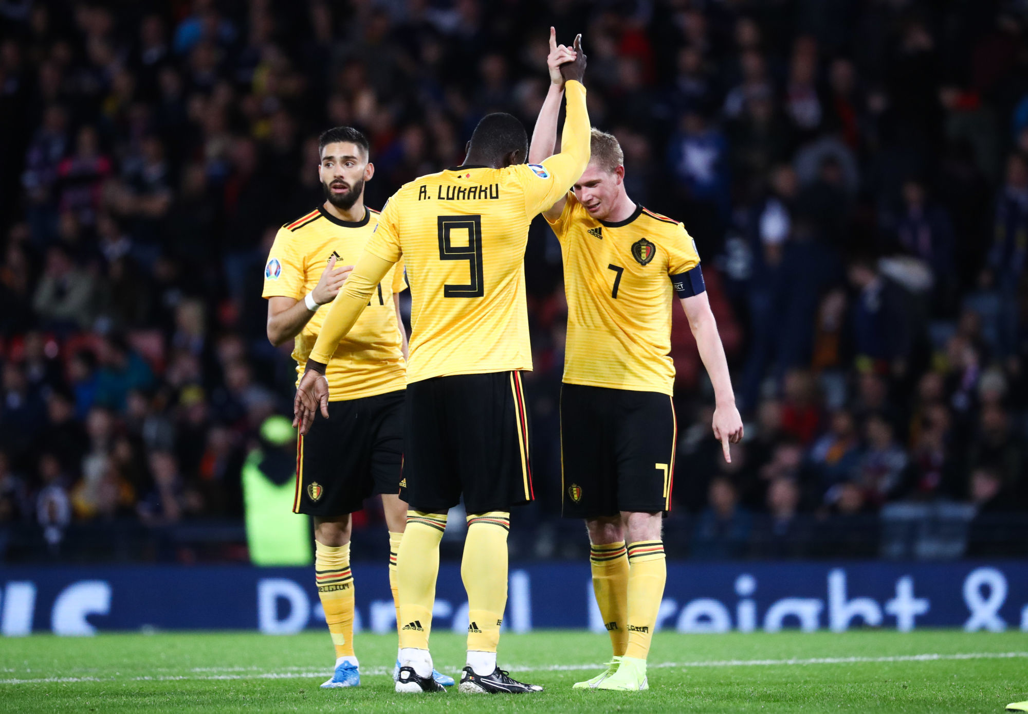 Belgium's Romelu Lukaku and Belgium's Kevin De Bruyne celebrate after scoring during a qualification game between Scotland and Belgian national team the Red Devils at the Hampden Park stadium in Glasgow, Scotland, Monday 09 September 2019. This is the sixth game out of ten in the group I. Photo : Belga / Icon Sport