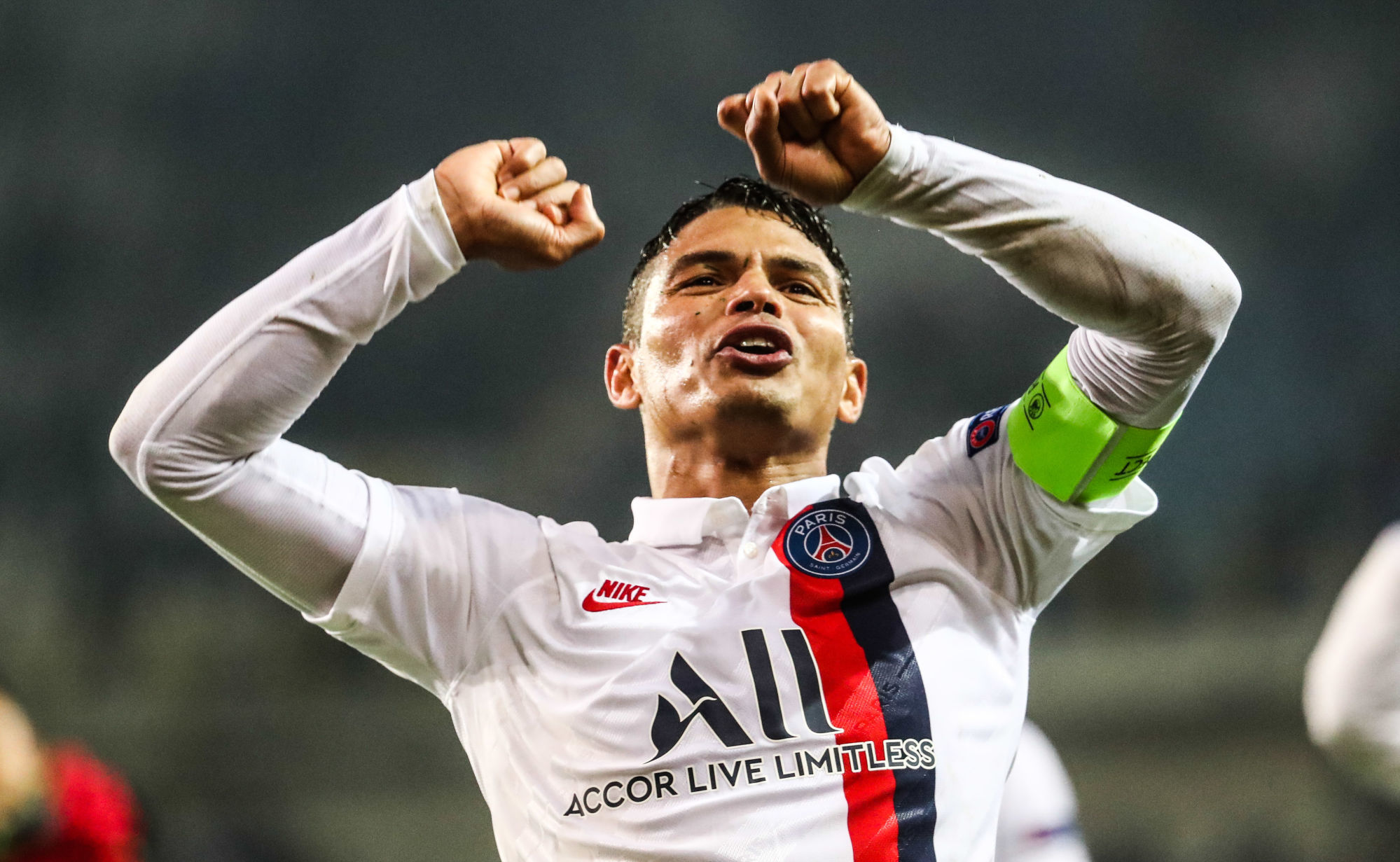 PSG's captain Thiago Silva celebrates after winning a soccer game between Belgian team Club Brugge KSV and French club Paris Saint-Germain, Tuesday 22 October 2019 in Brugge, match 3/6 in the group stage of the UEFA Champions League, in Group A. BELGA PHOTO VIRGINIE LEFOUR 

Photo by Icon Sport - Thiago SILVA - Jan Breydel Stadium - Bruges (Belgique)