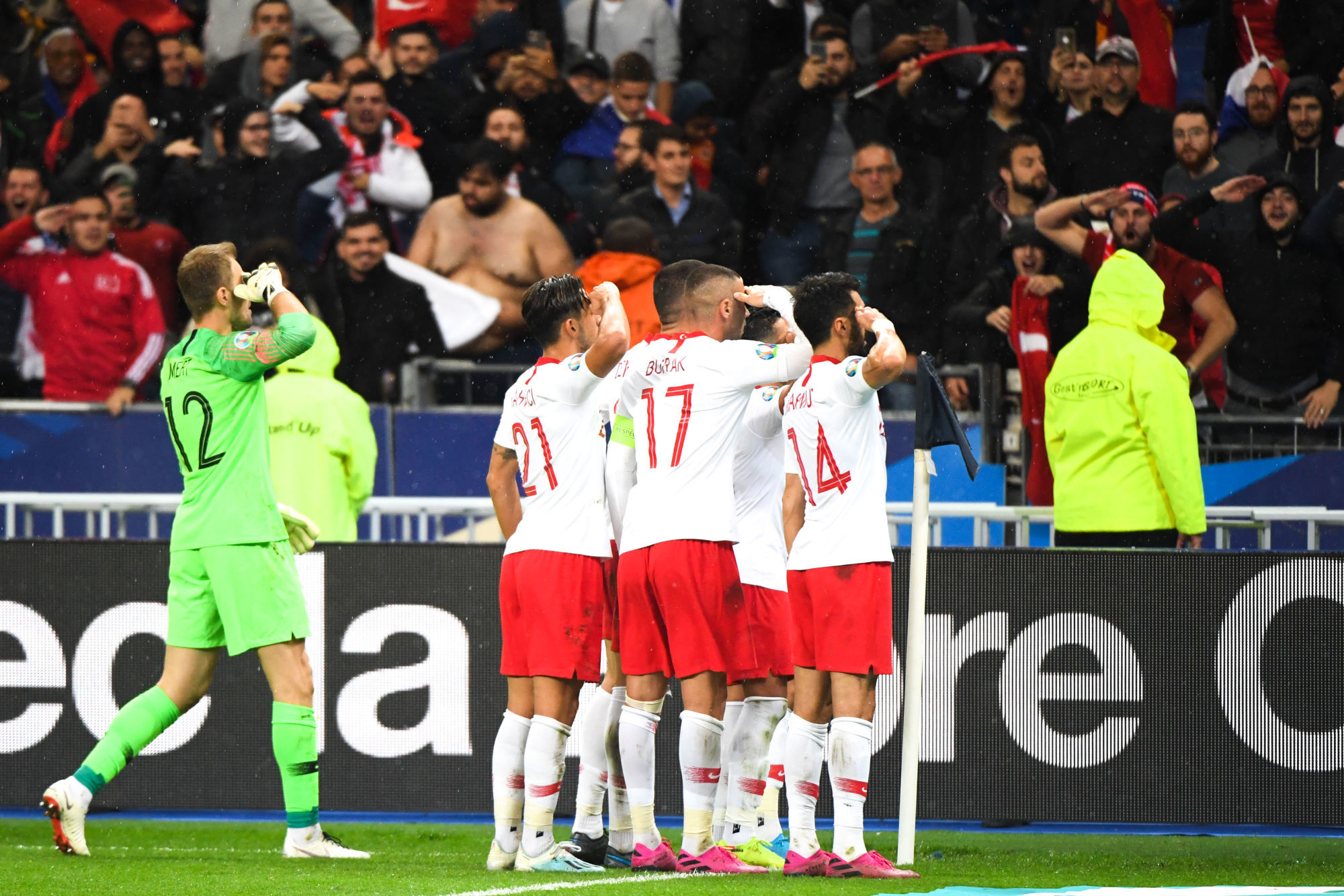 Kaan AYHAN of Turkey celebrate his goal with the military salute during the Euro Cup Qualification - Group H match between France and Turkey on October 14, 2019 in Paris, France. (Photo by Anthony Dibon/Icon Sport) - Kaan AYHAN - Stade de France - Paris (France)