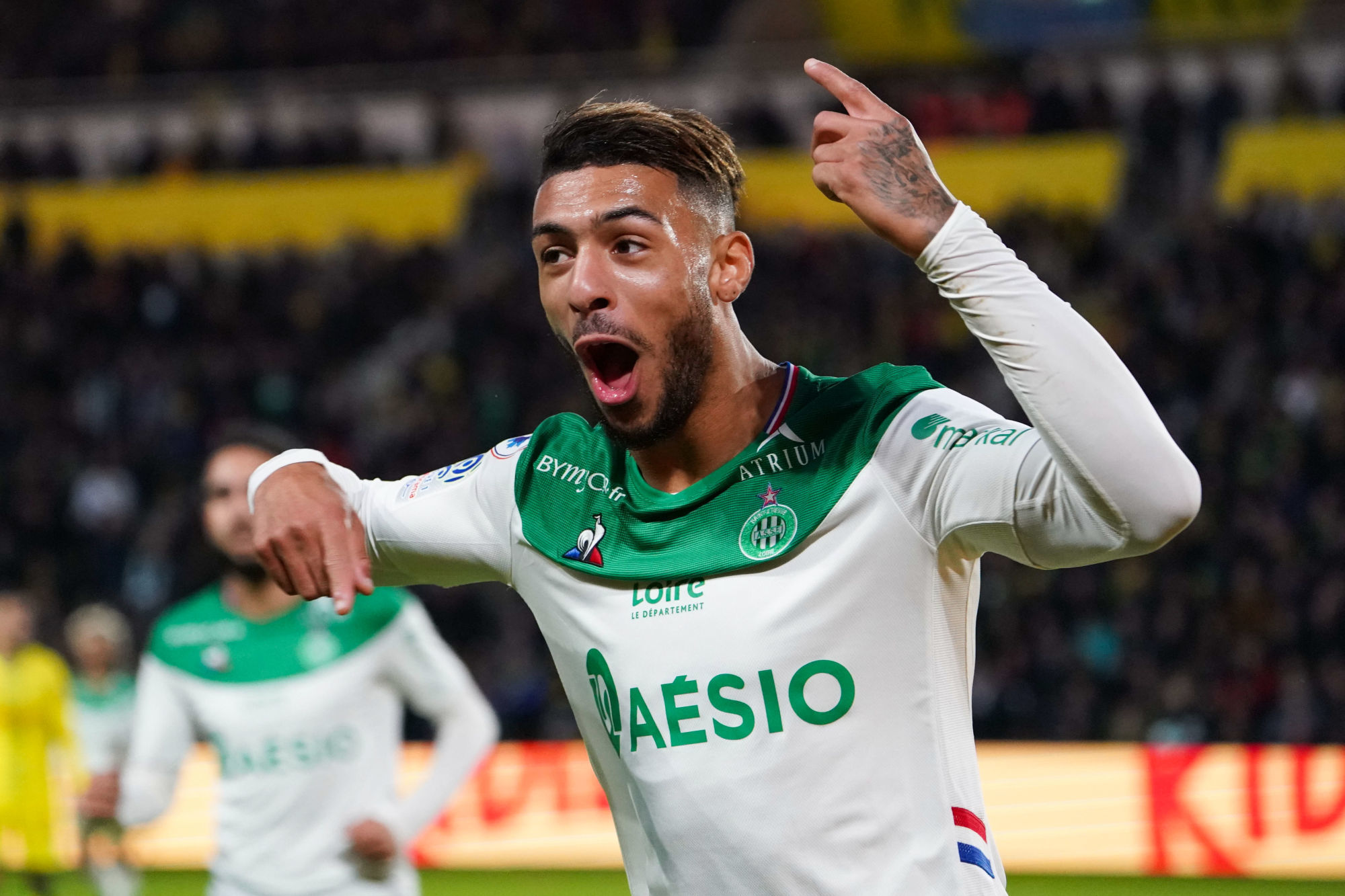 Denis BOUANGA of Saint Etienne celebrates after scoring a goal during the Ligue 1 match between Nantes and Saint Etienne at Stade de la Beaujoire on November 10, 2019 in Nantes, France. (Photo by Eddy Lemaistre/Icon Sport) - Denis BOUANGA - Stade de La Beaujoire - Louis Fonteneau - Nantes (France)
