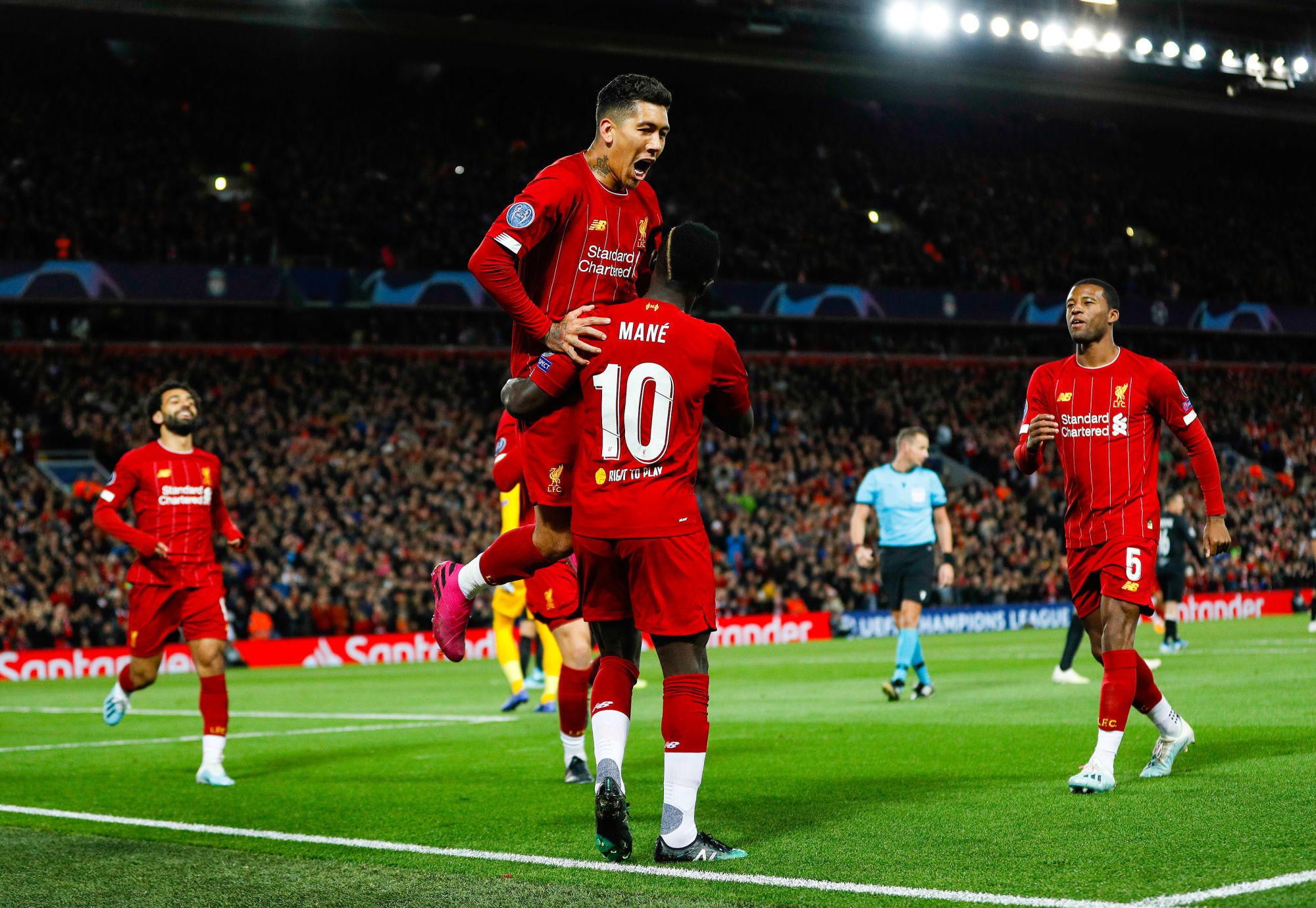 Sadio Mane of Liverpool celebrates scoring his teams first goal against Salzburg with Roberto Firmino during the UEFA Champions League match at Anfield, Liverpool. Picture date: 2nd October 2019. Picture credit should read: Darren Staples/Sportimage ..Photo by Icon Sport - Sadio MANE - Roberto FIRMINO - Anfield Road - Liverpool (Angleterre)