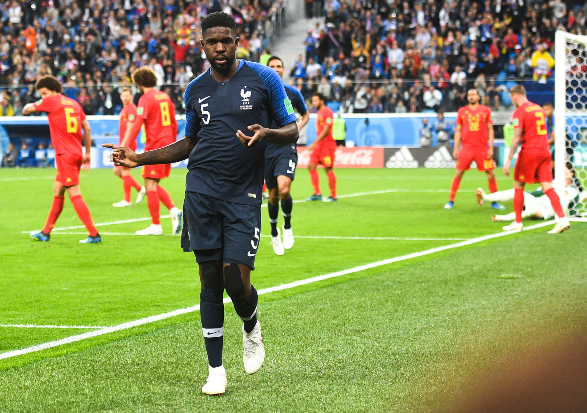 5585495 10.07.2018 France's Samuel Umtiti celebrates his goal during the World Cup semifinal soccer match between France and Belgium at the Saint Petersburg Stadium, in St.Petersburg, Russia, July 10, 2018. Vladimir Astapkovich / Sputnik / Icon Sport