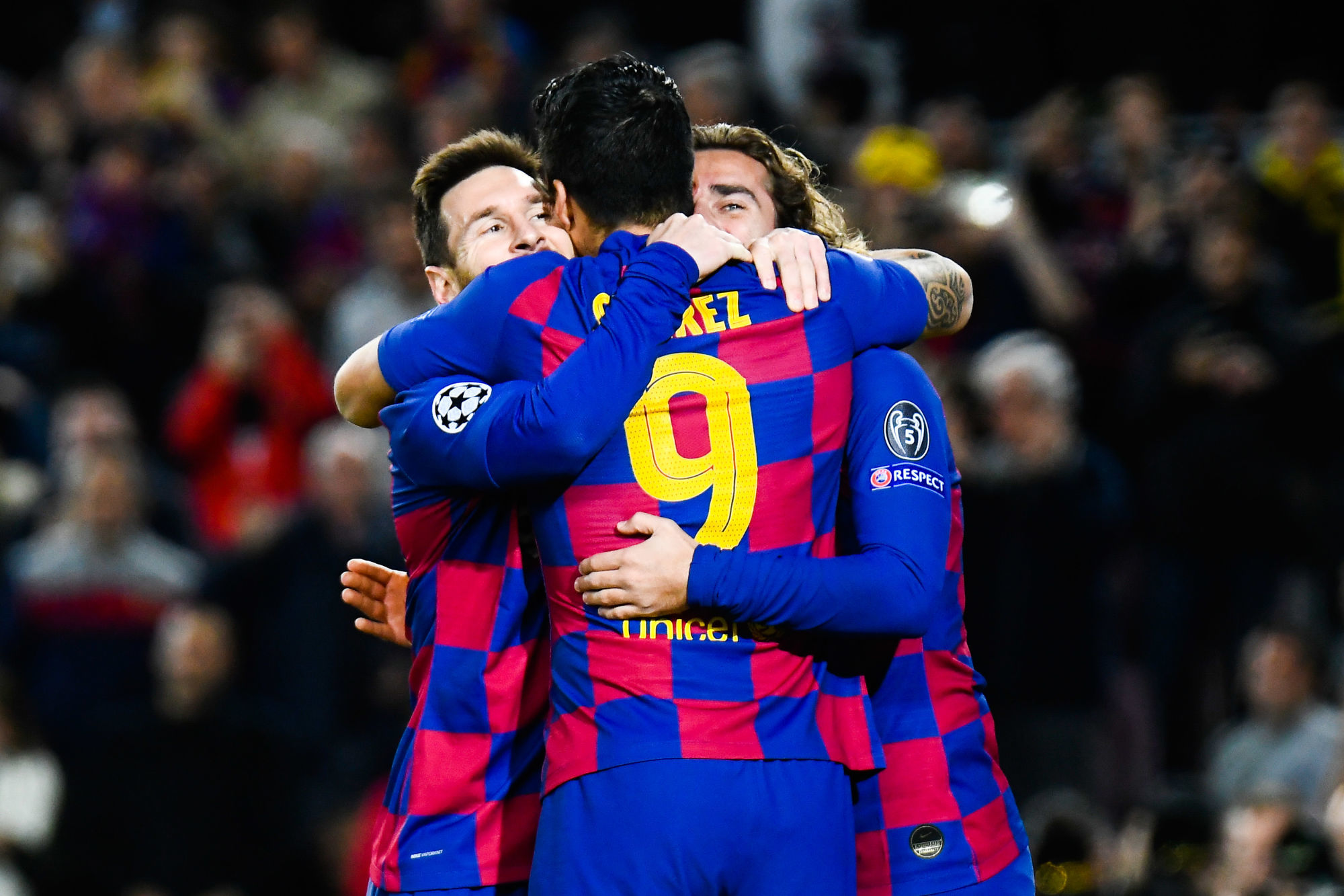 Lionel Messi of FC Barcelona celebrates his goal with Luis Suarez and Antoine Griezmann during the Champions League match between Barcelone and Borussia Dortmund at Camp Nou on November 27, 2019 in Barcelona, Spain. (Photo by Pressinphoto/Icon Sport) - Camp Nou - Barcelone (Espagne)