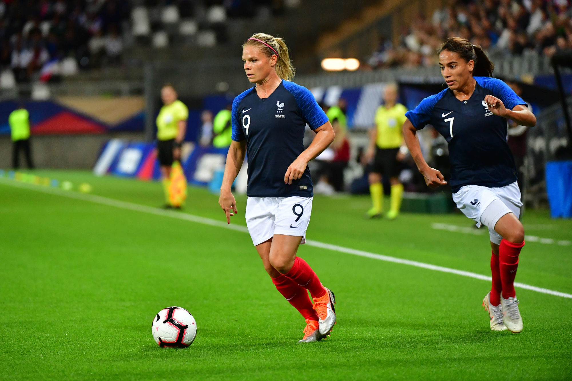 (L-R) Eugenie Le Sommer of France and Amel Majri of France during the Women's friendly international match between France and Mexico on September 1, 2018 in Amiens, France. (Photo by Dave Winter/Icon Sport)