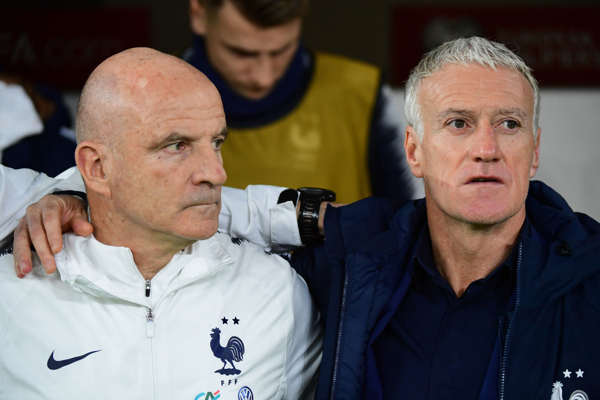 (R-L) France coach Didier DESCHAMPS and France assistant coach Guy STEPHAN during the Euro 2020 Group H qualifying match between Albania and France at the Arena Kombetare on November 17, 2019 in Tirana, Albania. (Photo by Dave Winter/Icon Sport) - Didier DESCHAMPS - Guy STEPHAN - Arena Kombetare - Tirana (Albanie)