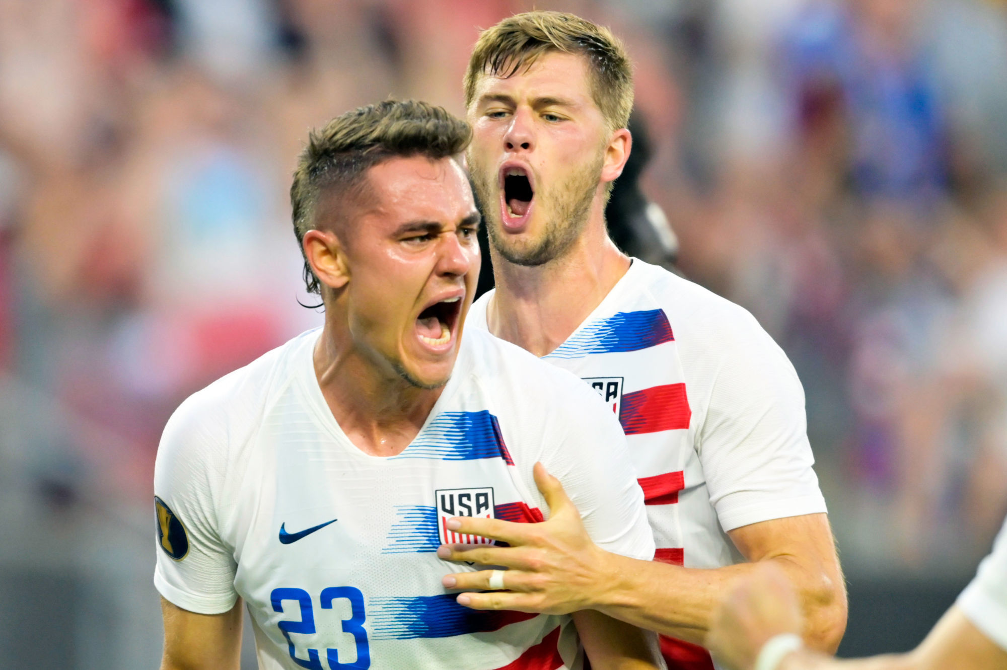Jun 22, 2019; Cleveland, OH, USA; the United States defender Aaron Long (23) celebrates his goal with defender Walker Zimmerman (5) in the first half against Trinidad and Tobago during group play in the CONCACAF Gold Cup soccer tournament at First Energy Stadium. Photo : SUSA / Icon Sport