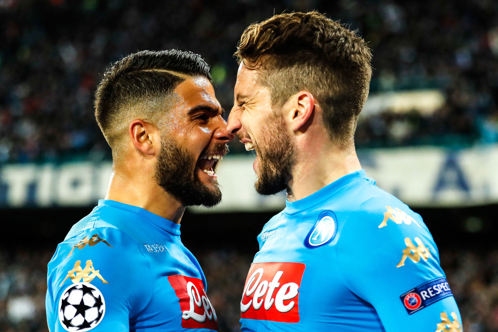 (L-R) Lorenzo Insigne of SSC Napoli, Dries Mertens of SSC Napoliduring the UEFA Champions League round of 16 match between SSC Napoli and Real Madrid on March 07, 2017 at the Stadio San Paolo in Naple