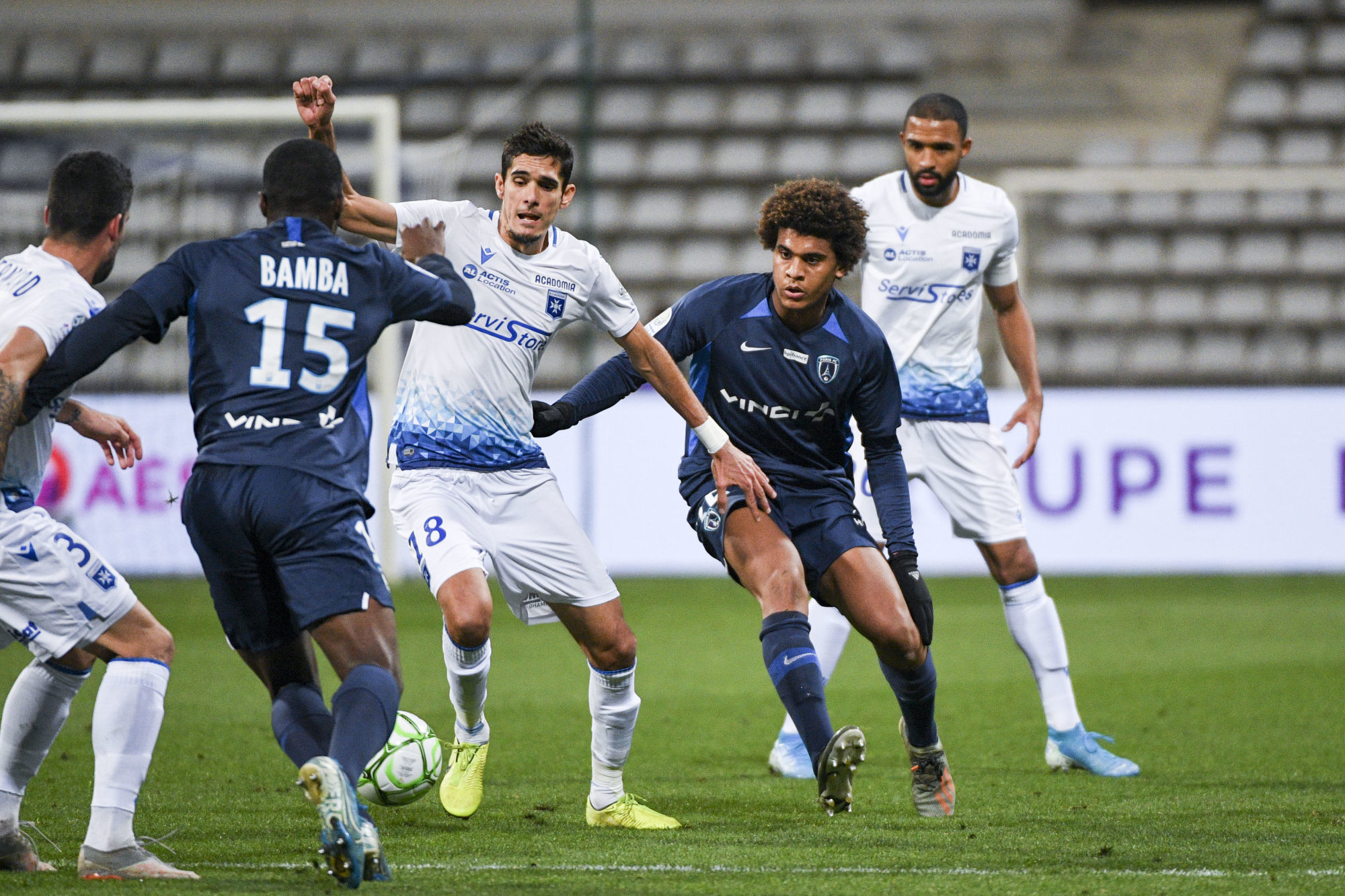 Francois BELLUGOU of Auxerre, Mohamed Lamine  DIABY-FADIGA of Pfc and Samuel SOUPRAYEN of Auxerre during the Ligue 2 match between Paris FC and AJ Auxerre on November 22, 2019 in Paris, France. (Photo by Aude Alcover/Icon Sport) - Stade Charlety - Paris (France)