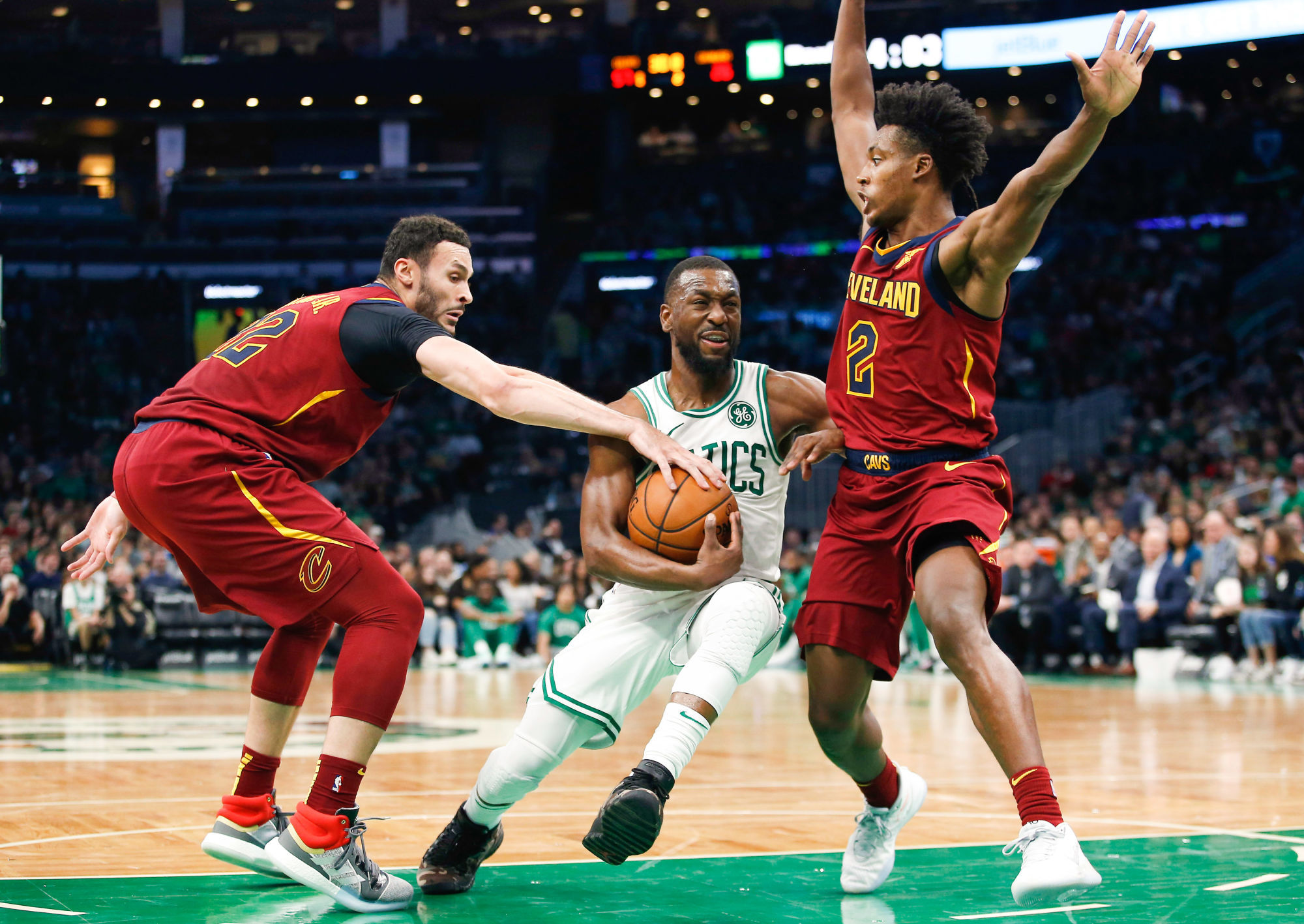 Oct 13, 2019; Boston, MA, USA; As Boston Celtics guard Kemba Walker (8) drives on Cleveland Cavaliers guard Collin Sexton (2), forward Larry Nance Jr. (22) reaches in to try to strip the ball away during the first half of a preseason game at TD Garden. Mandatory Credit: Winslow Townson-USA TODAY Sports/Sipa USA 


Photo by Icon Sport - Kemba WALKER - Collin SEXTON - Larry NANCE - TD Garden - Boston (Etats Unis)