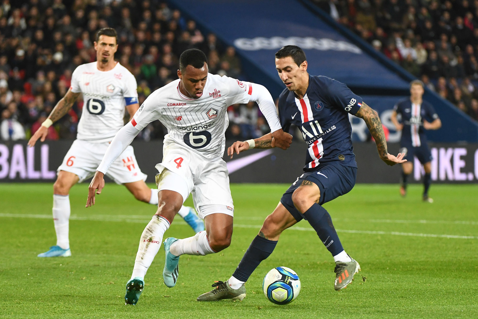 Gabriel DOS SANTOS of Lille and Angel DI MARIA of PSG during the Ligue 1 match between Paris Saint-Germain and Lille OSC on November 22, 2019 in Paris, France. (Photo by Anthony Dibon/Icon Sport) - Parc des Princes - Paris (France)