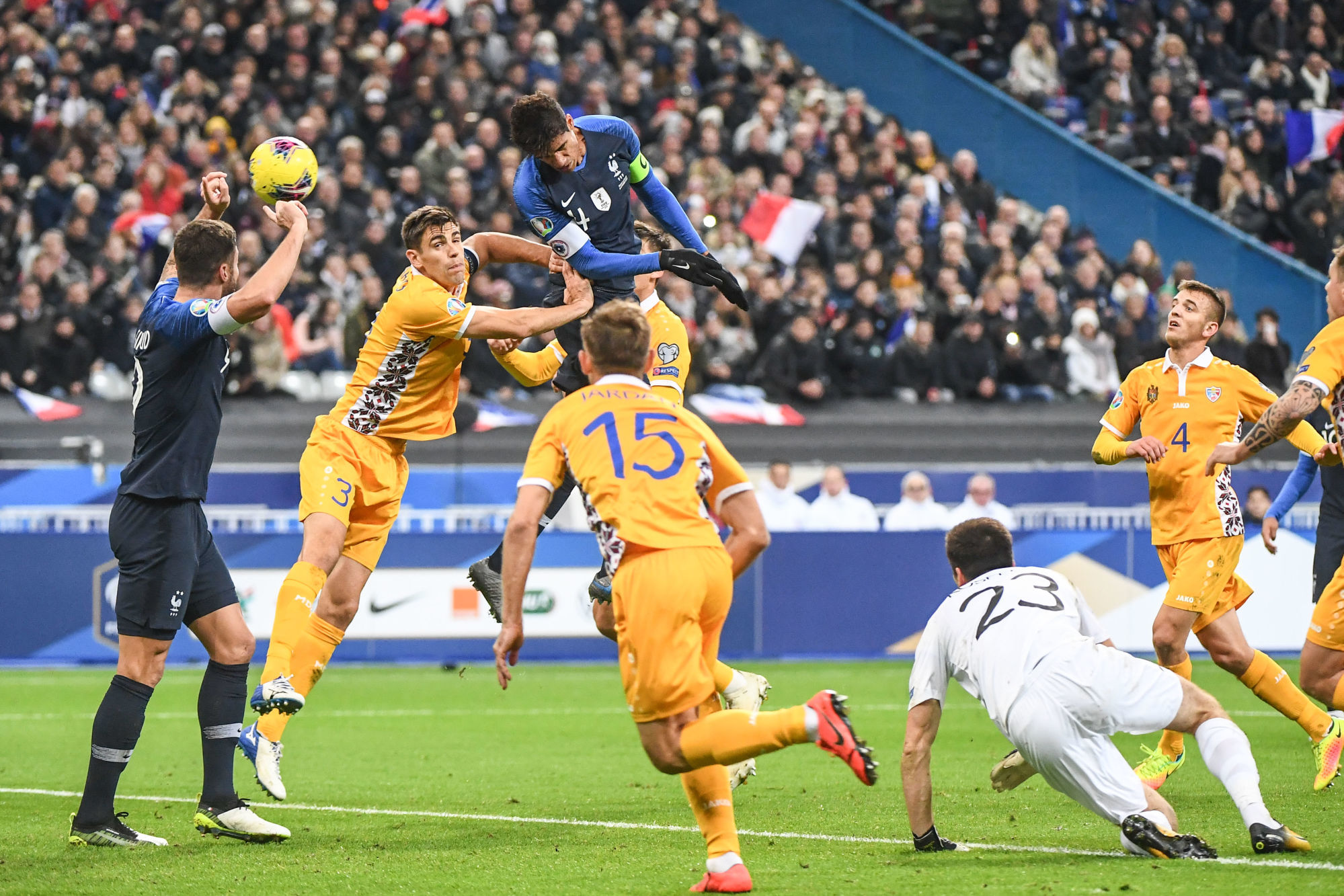 Raphael VARANE of France scores a goal during the Euro Cup Qualification - Group H match between France and Moldavie on November 14, 2019 in Saint-Denis, France. (Photo by Anthony Dibon/Icon Sport) - Stade de France - Paris (France)