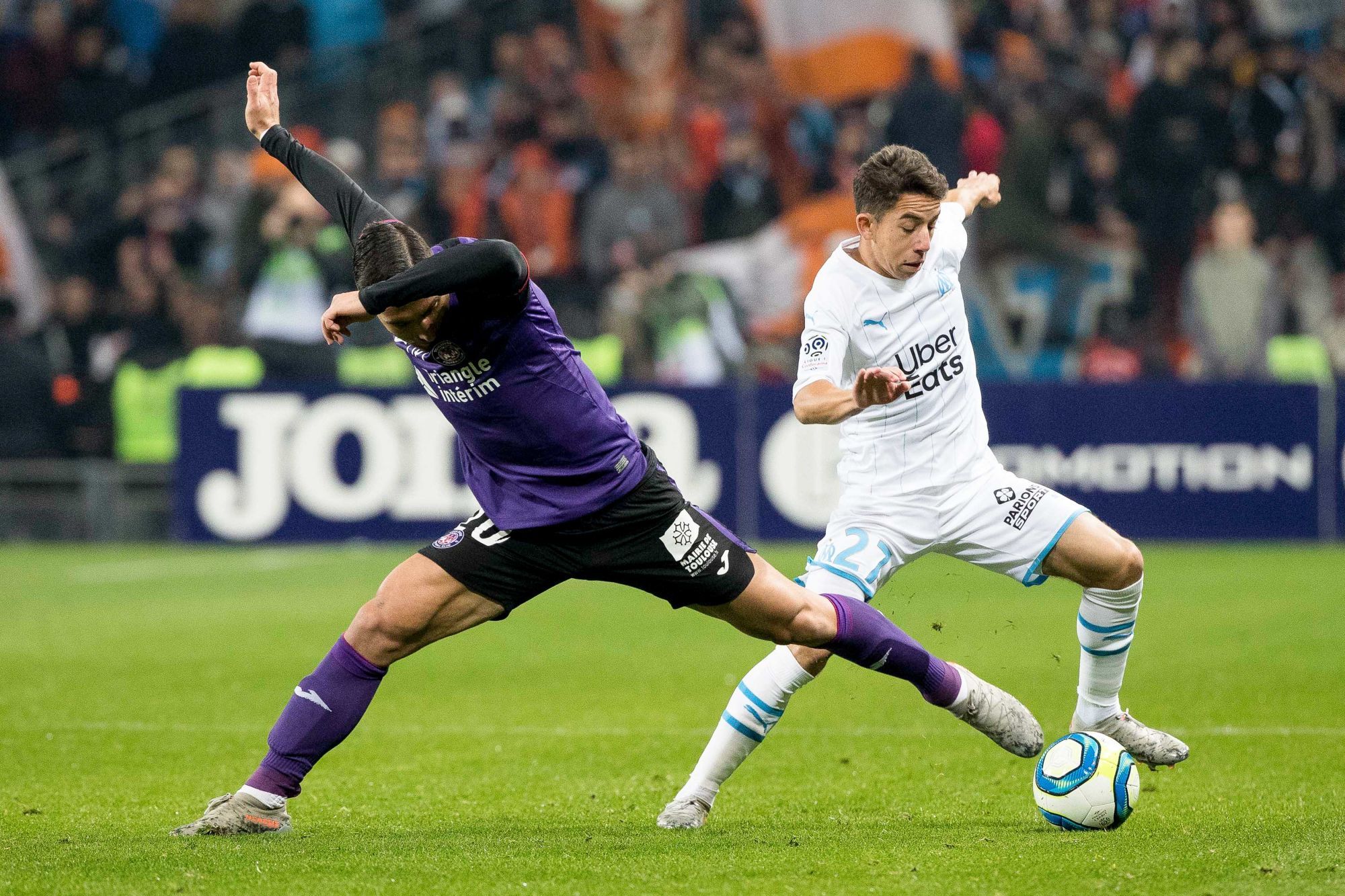 Efthymios KOULOURIS of Toulouse and Maxime LOPEZ of Marseille during the Ligue 1 match between Toulouse and Marseille on November 24, 2019 in Toulouse, France. (Photo by JF Sanchez/Icon Sport) - Stadium Municipal - Toulouse (France)