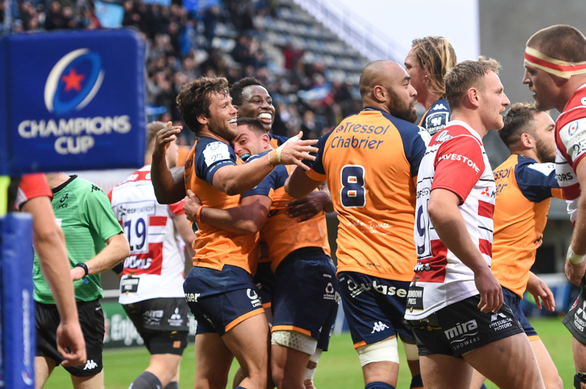 Jan SERFONTEIN of Montpellier celebrates his try  during the European Rugby Champions Cup, Pool 5 match between Montpellier and Gloucester on November 24, 2019 in Montpellier, France. (Photo by Alexandre Dimou/Icon Sport) - Altrad Stadium - Montpellier (France)
