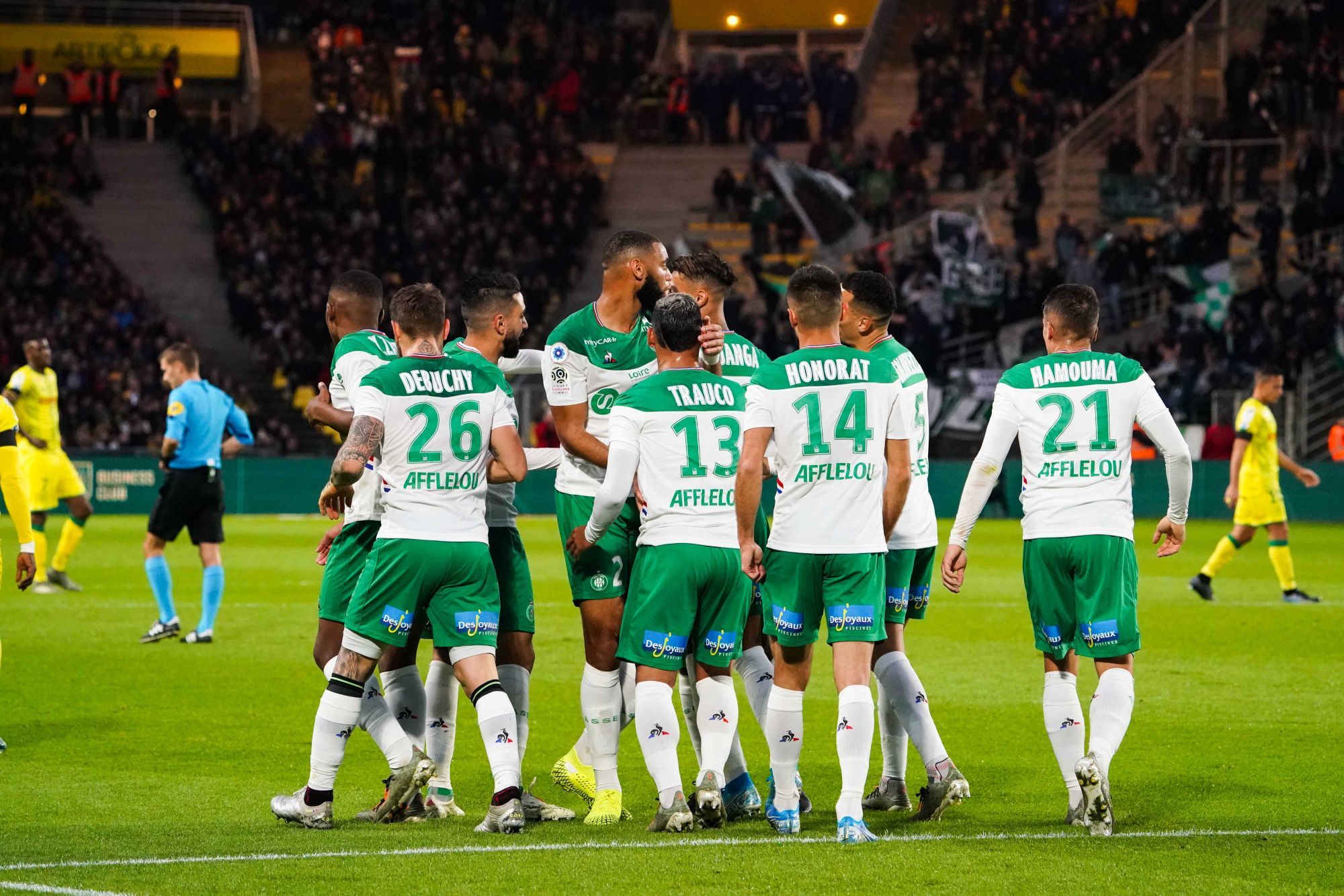 Players of Saint Etienne celebrates after scoring a goal during the Ligue 1 match between Nantes and Saint Etienne at Stade de la Beaujoire on November 10, 2019 in Nantes, France. (Photo by Eddy Lemaistre/Icon Sport) - --- - Stade de La Beaujoire - Louis Fonteneau - Nantes (France)