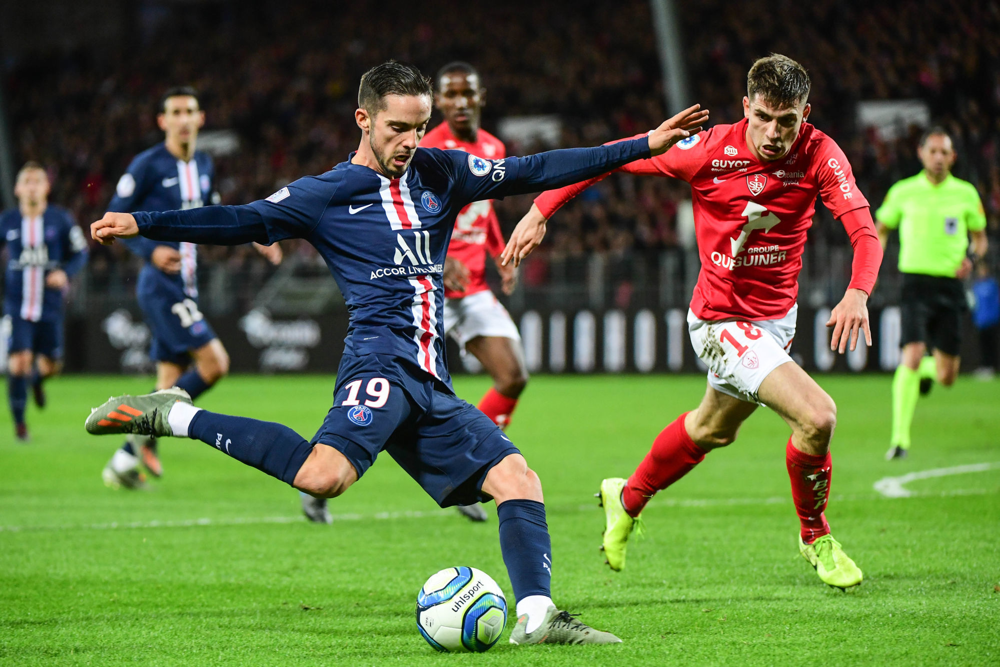 Pablo SARABIA of PSG and Romain PERRAUD of Brest during the Ligue 1 match between Brest and Paris Saint Germain at Stade Francis-Le Ble on November 9, 2019 in Brest, France. (Photo by Anthony Dibon/Icon Sport) - Stade Francis-Le-Blé - Brest (France)