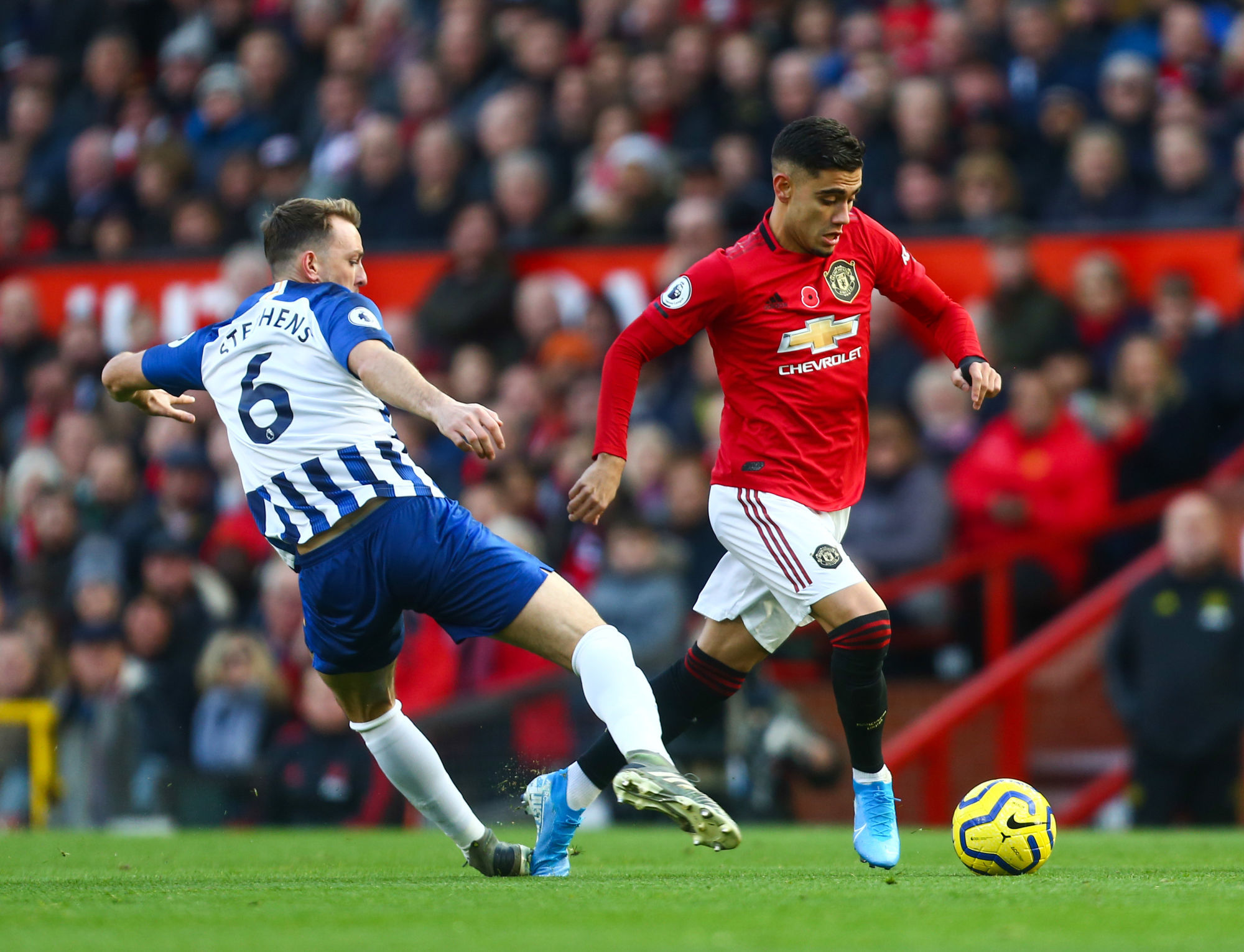 Andreas Pereira of Manchester United  runs through Dale Stephens of Brighton during the Premier League match at Old Trafford, Manchester. Picture date: 10th November 2019. Picture credit should read: Phil Oldham/Sportimage 

Photo by Icon Sport - Old Trafford - Manchester (Angleterre)