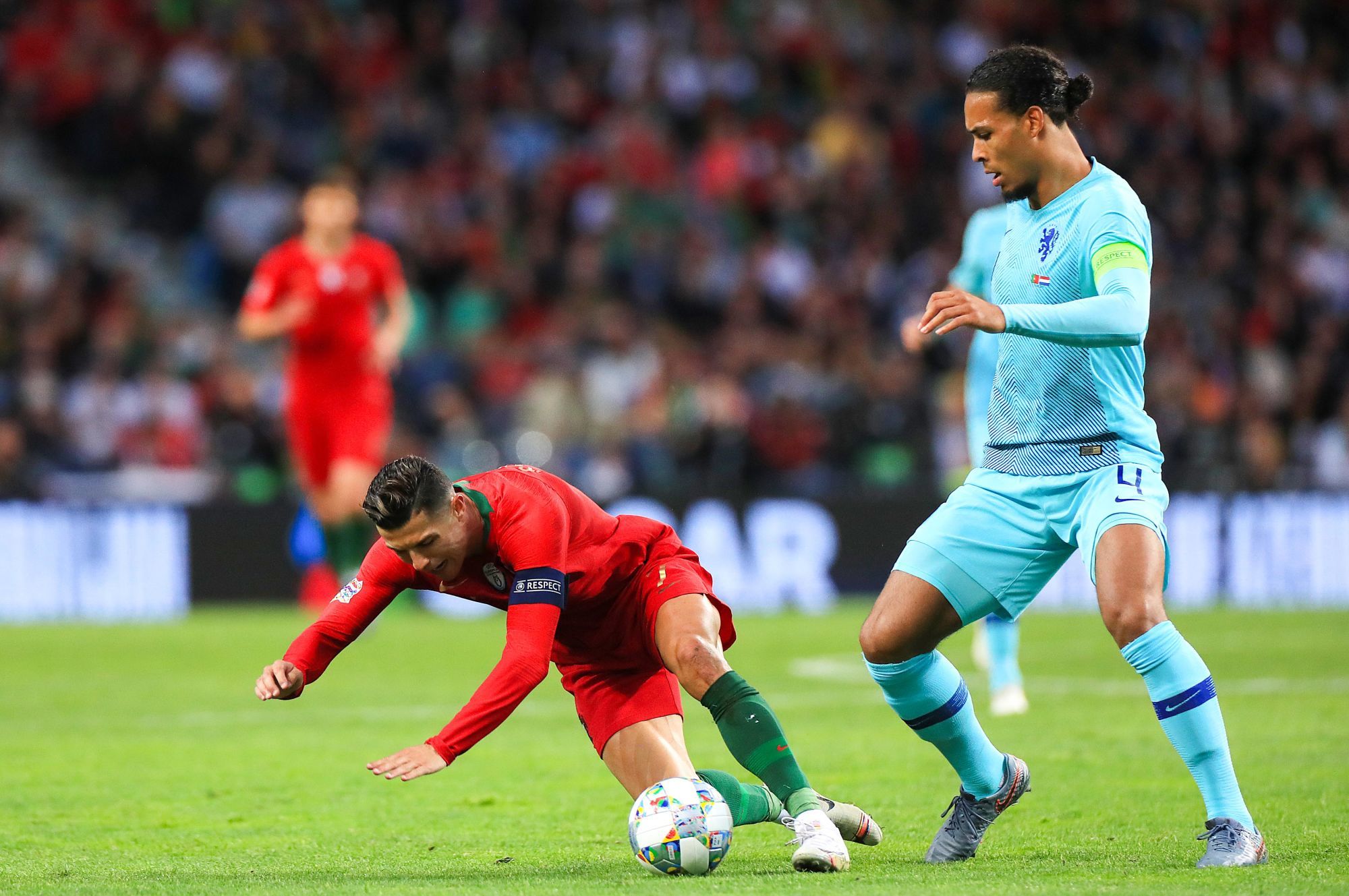 Portugal's Cristiano Ronaldo (left) and Netherlands' Virgil van Dijk in action during the Nations League Final at Estadio do Dragao, Porto. On June 9th, 2019. Photo : PA Images / Icon Sport