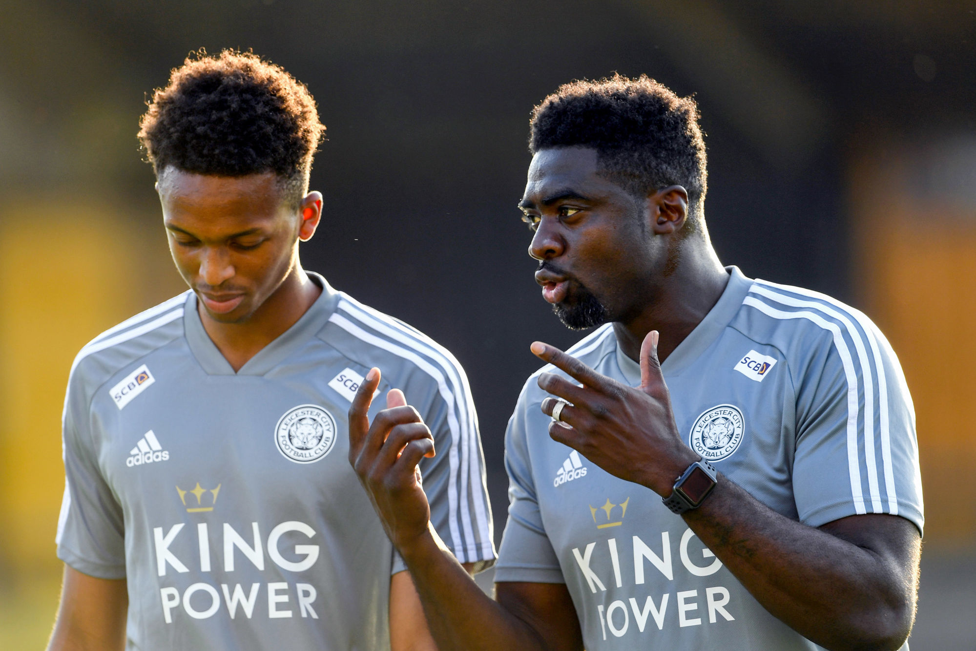 First team coach Kolo Toure (right) talks to Leicester City's Sidnei Tavares of Leicester City during the friendly match between Cambridge United and Leicester City on July 23rd 2019.

Joe Giddens / PA Images / Icon Sport
