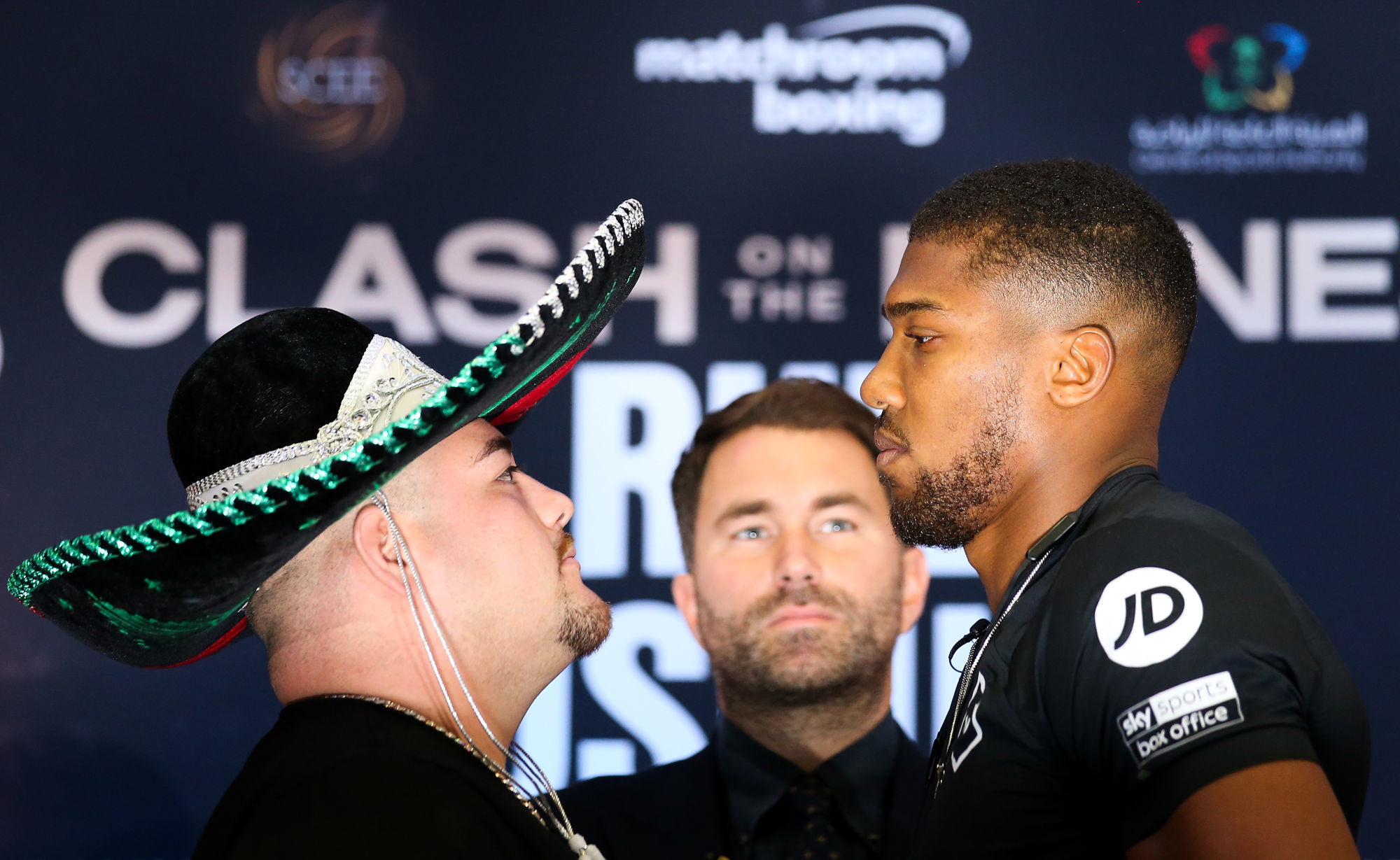 Andy Ruiz, Eddie Hearn and Anthony Joshua during a press conference at The Hilton London Syon Park, London.   Photo by Icon Sport - Anthony JOSHUA - Andy RUIZ - Eddie HEARN