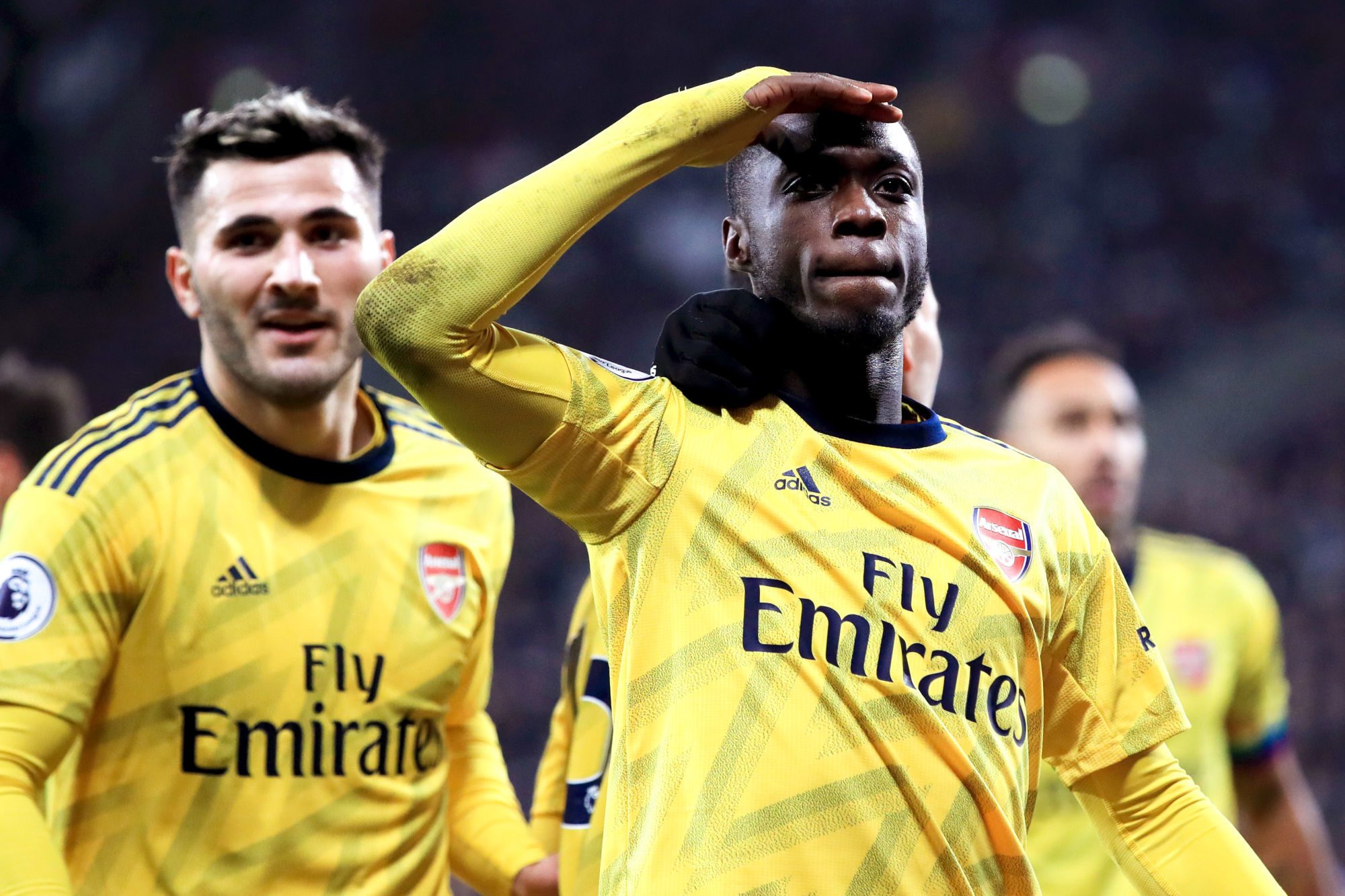 Arsenal's Nicolas Pepe celebrates scoring his sides second goal during the Premier League match at the London Stadium, London. 

Photo by Icon Sport - Sead KOLASINAC - Nicolas PEPE - London Stadium - Londres (Angleterre)