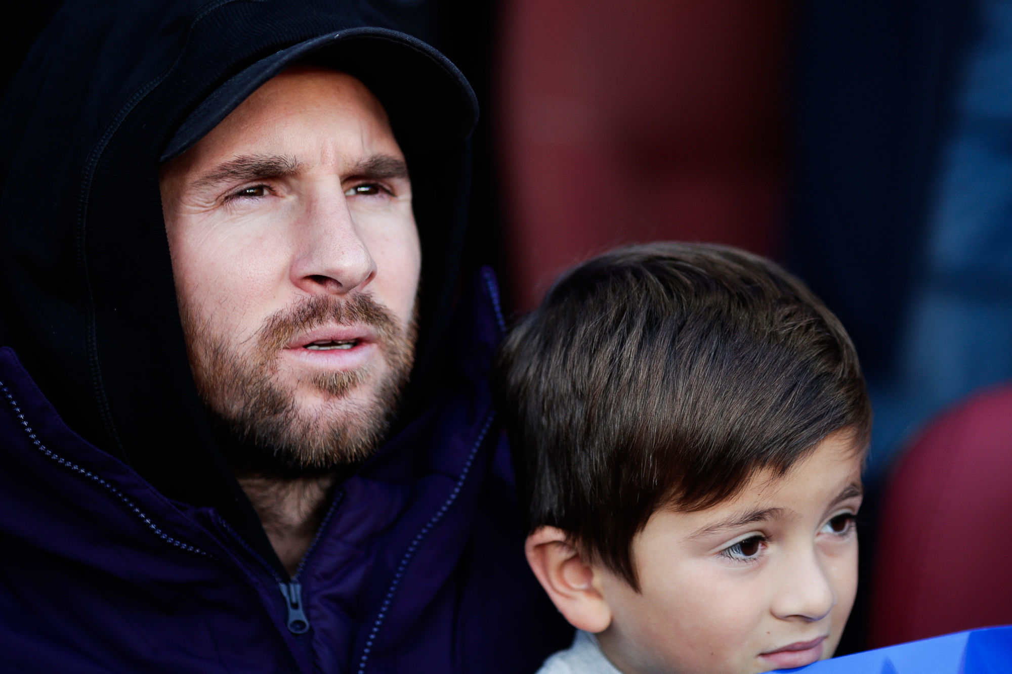 28th October 2018, Camp Nou, Barcelona, Spain; La Liga football, Barcelona versus Real Madrid; An injured Lionel Messi of FC Barcelona with his son Mateo Messi before start the match  Photo : Actionplus / Icon Sport