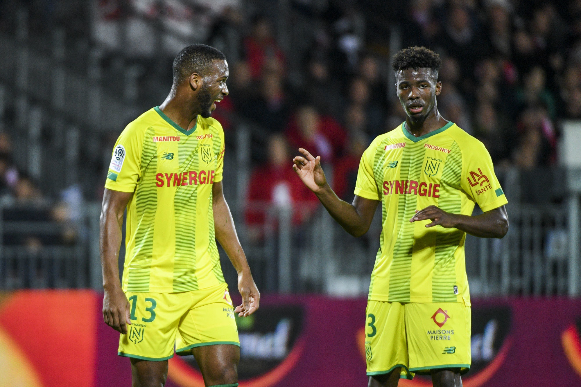 Molla WAGUE and Thomas BASILA of Nantes during the Ligue 1 match between Stade Brestois 29 and FC Nantes on November 23, 2019 in Brest, France. (Photo by Aude Alcover/Icon Sport) - Molla WAGUE - Thomas BASILA - Stade Francis-Le-Blé - Brest (France)