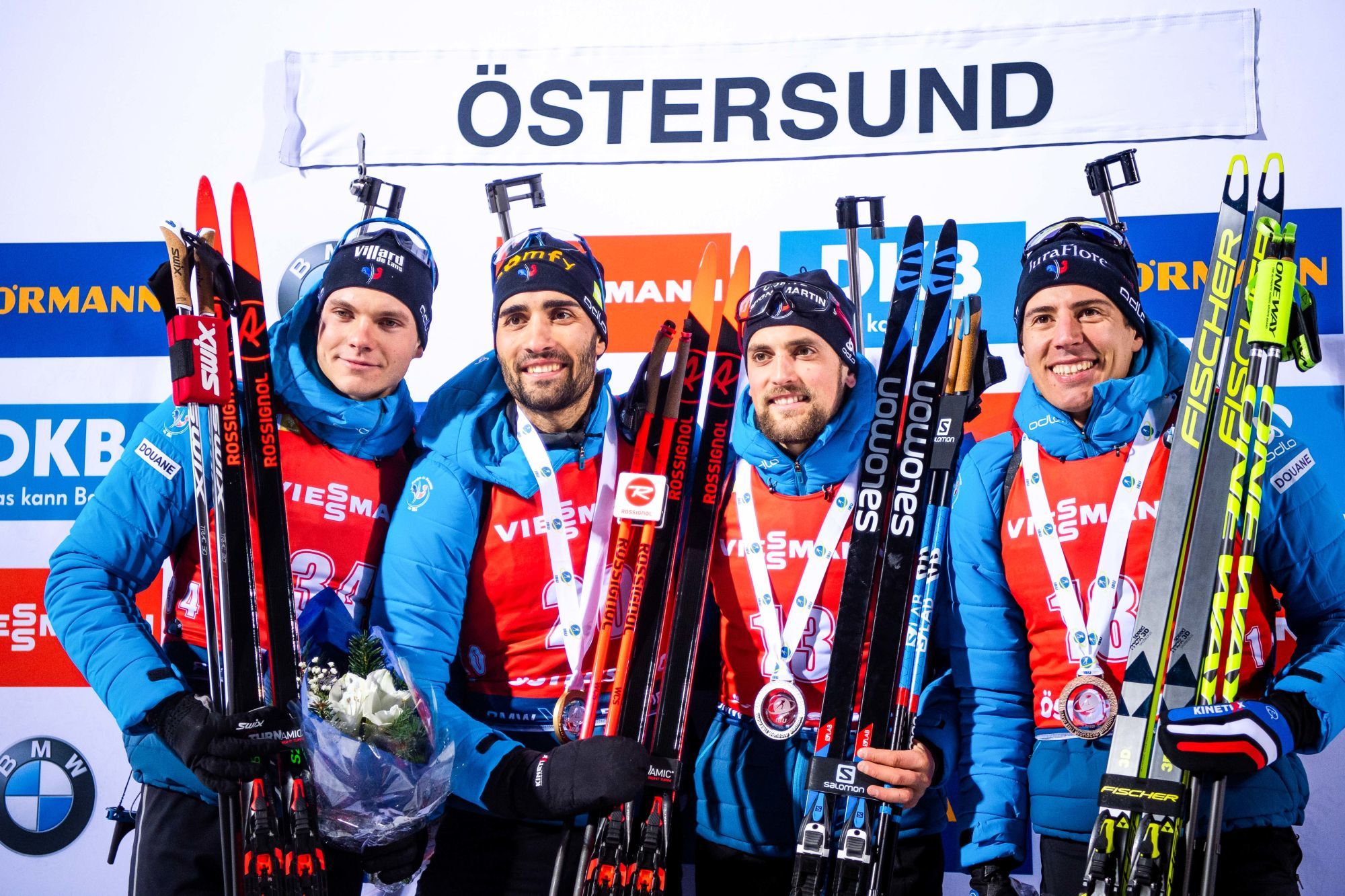 191204 Simon Desthieux, Martin Fourcade and Maillet Quentin Fillon and Emilien Jacquelin of France celebrate on the podium after the Men's 20 km Individual during the IBU World Cup Biathlon on December 04, 2019 in Östersund.
Photo: Johanna Lundberg / BILDBYRÅN / 136085 

Photo by Icon Sport - Martin FOURCADE - Quentin Fillon MAILLET - Simon DESTHIEUX - Emilien JACQUELIN - Ostersund (Suede)