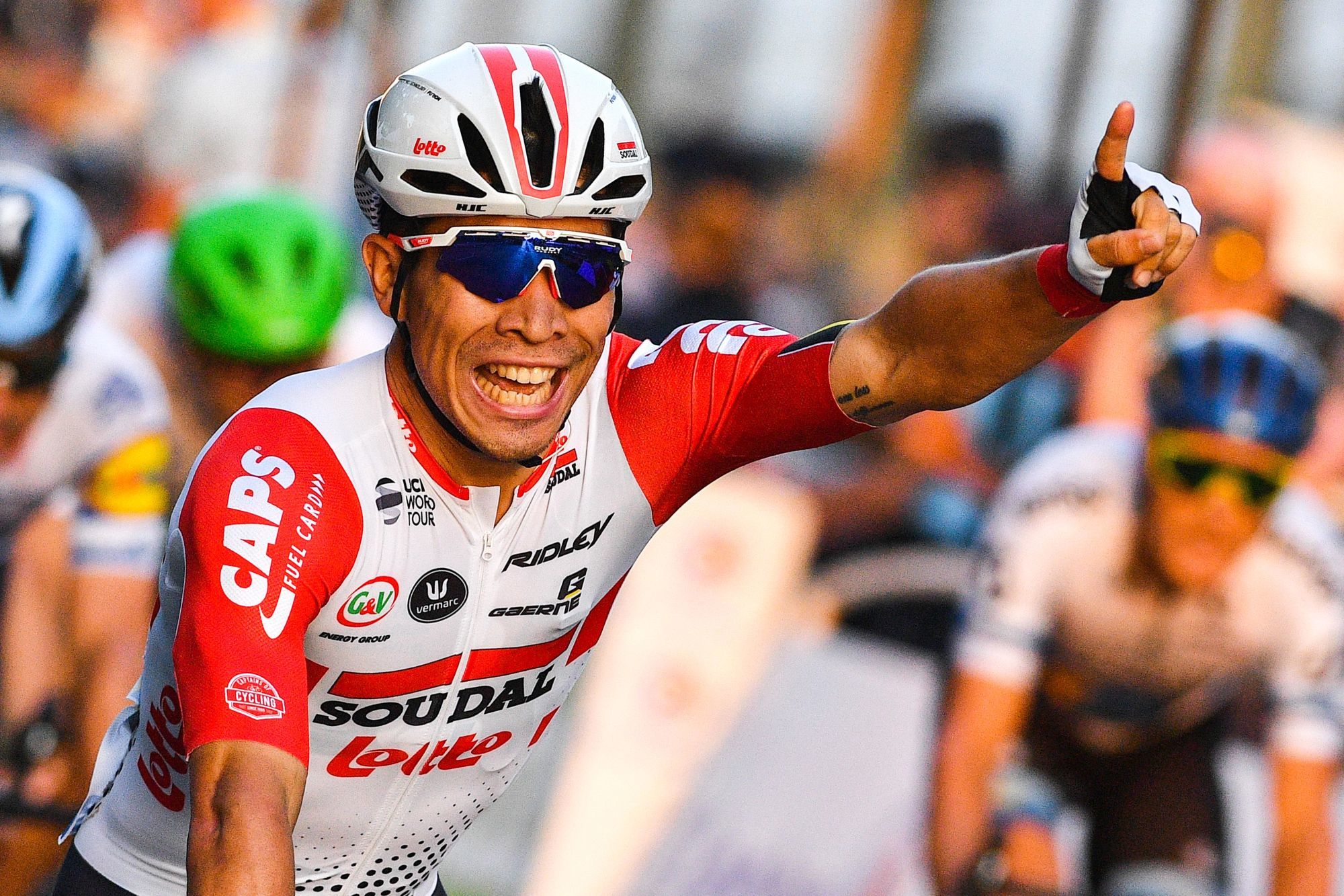 Australian Caleb Ewan of Lotto Soudal celebrates as he crosses the finish line to win the final stage of the 106th edition of the Tour de France cycling race, from Rambouillet to Paris Champs-Elysees (128km), France, Sunday 28 July 2019. This year's Tour de France starts in Brussels and takes place from July 6th to July 28th. Photo : Belga / Icon Sport