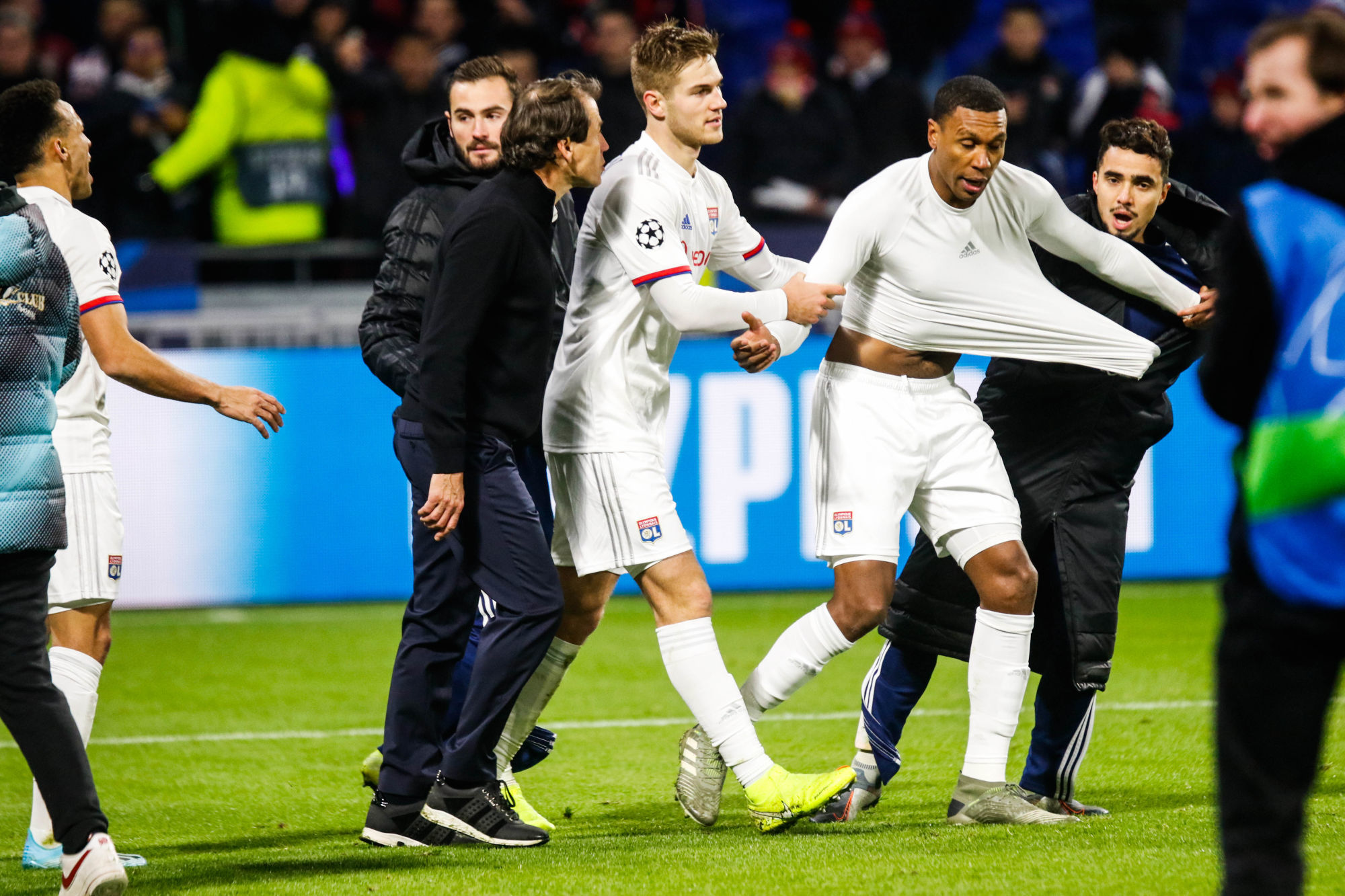 MARCELO, RAFAEL, Joachim ANDERSEN and Rudi GARCIA coach of Lyon after the altercation with the Lyon Fans during the Champions League match between Lyon and Leipzig at Groupama Stadium on December 10, 2019 in Lyon, France. (Photo by Romain Biard/Icon Sport) - Groupama Stadium - Lyon (France)