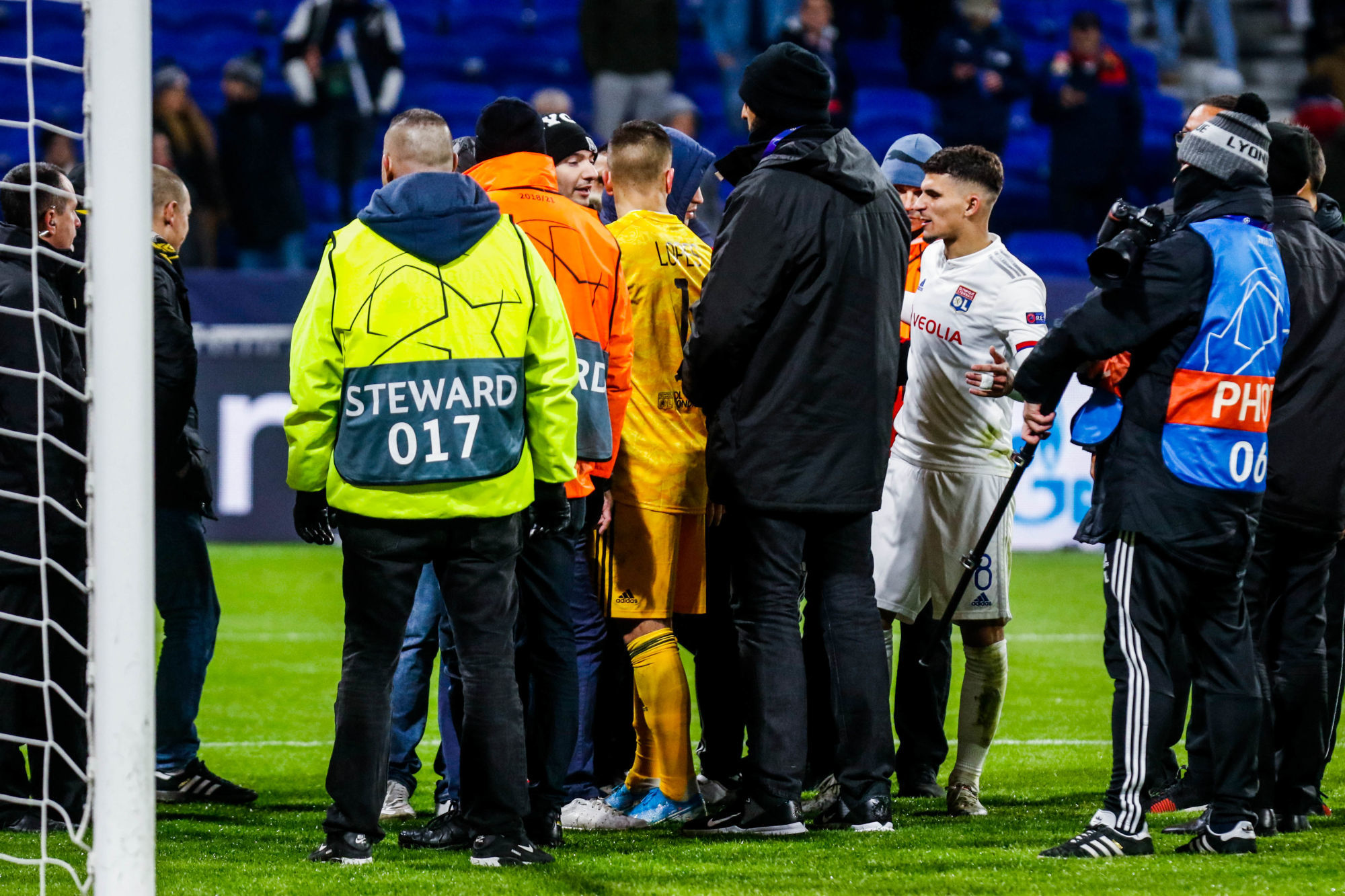 Houssem AOUAR and Anthony LOPES of Lyon speak to the Lyon Fans during the Champions League match between Lyon and Leipzig at Groupama Stadium on December 10, 2019 in Lyon, France. (Photo by Romain Biard/Icon Sport) - Groupama Stadium - Lyon (France)