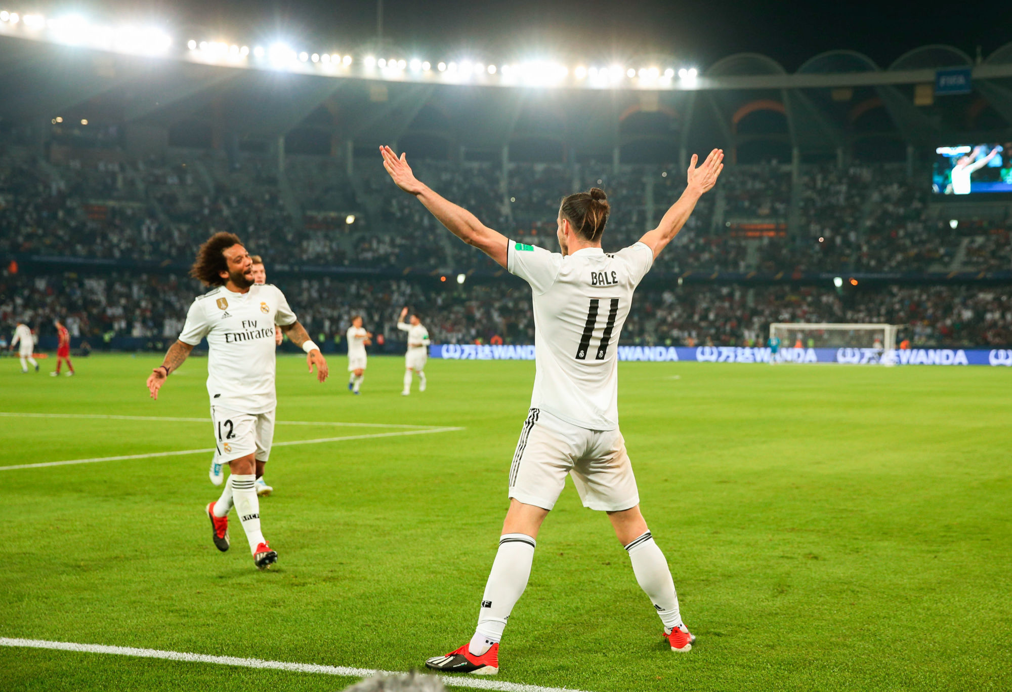 Gareth Bale celebrates his goal with Marcelo during the FIFA Club World Cup match between  Kashima Antlers and Real Madrid in Abu Dhabi on December 19th, 2018. 
Photo : Marca / Icon Sport