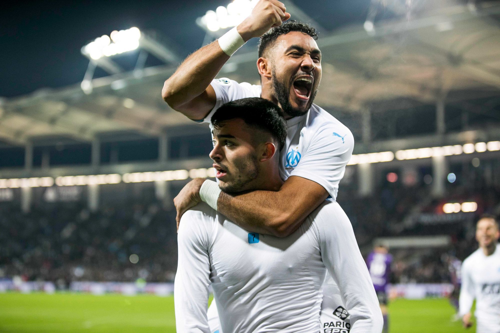 Dimitri PAYET and Nemanja RADONJIC of Marseille celebrate his goal during the Ligue 1 match between Toulouse and Marseille on November 24, 2019 in Toulouse, France. (Photo by JF Sanchez/Icon Sport) - Dimitri PAYET - Nemanja RADONJIC - Stadium Municipal - Toulouse (France)