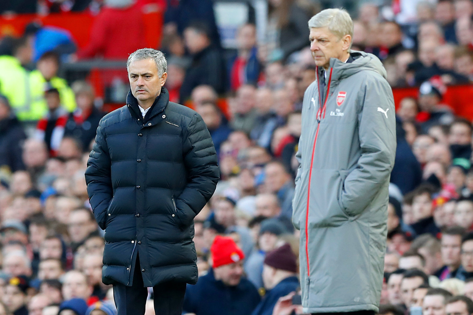 Manchester United manager Jose Mourinho (left) and Arsenal manager Arsene Wenger on the touchline during the Premier League Match between Manchester United and Arsenal at Old Trafford, Manchester on N