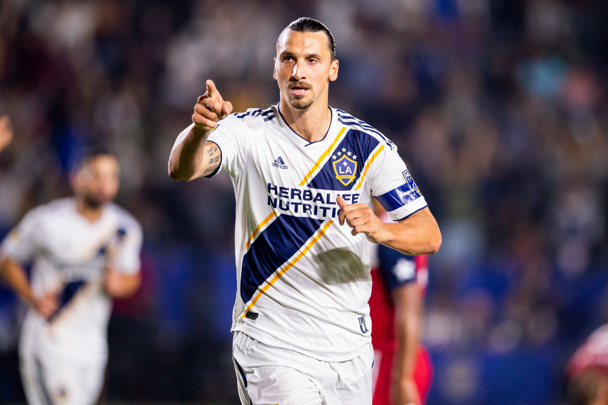 Aug 14, 2019; Carson, CA, USA; LA Galaxy forward Zlatan Ibrahimovic (9) celebrates his goal during the second half against FC Dallas at Dignity Health Sports Park.

Photo : SUSA / Icon Sport