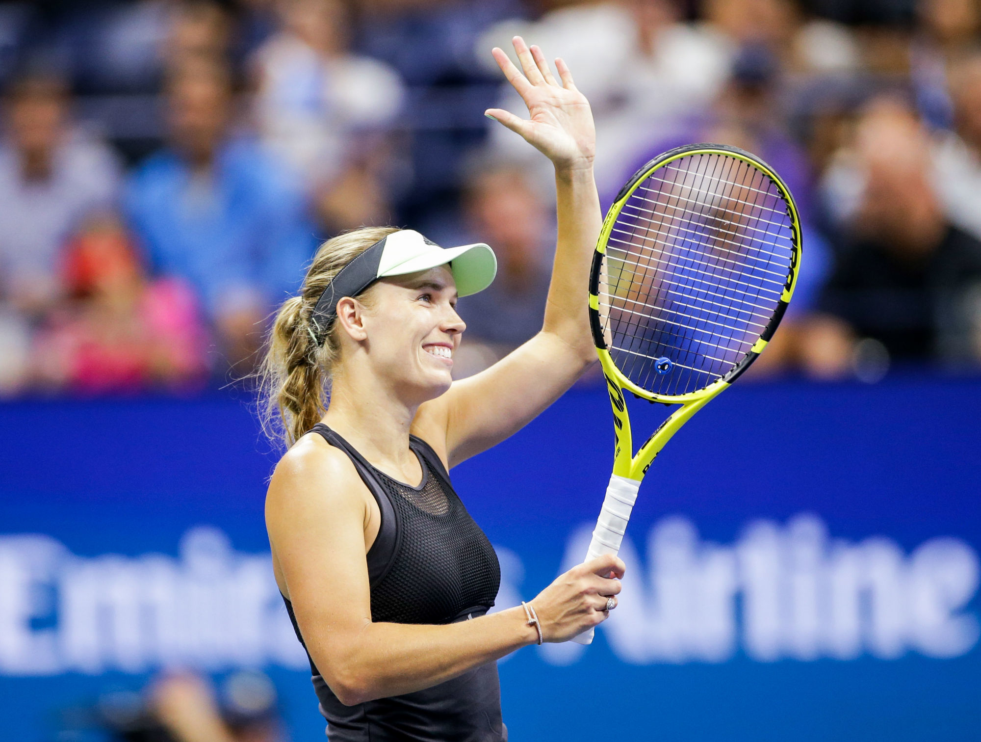 Aug 29, 2019; Flushing, NY, USA; Caroline Wozniacki of Denmark celebrates match point against Danielle Collins of the United States in a second round match on day four of the 2019 U.S. Open tennis tournament at USTA Billie Jean King National Tennis Center. Photo : SUSA / Icon Sport