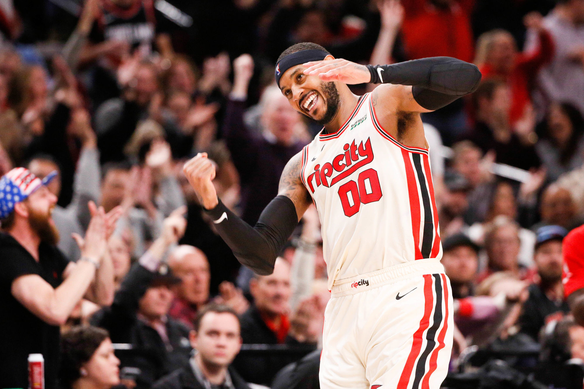 Nov 29, 2019; Portland, OR, USA; Portland Trail Blazers power forward Carmelo Anthony (00) reacts after a three point basket against the Chicago Bulls during the second half at Moda Center. Mandatory Credit: Soobum Im-USA TODAY Sports/Sipa USA 

Photo by Icon Sport - Carmelo ANTHONY - Moda Center - Portland (Etats Unis)
