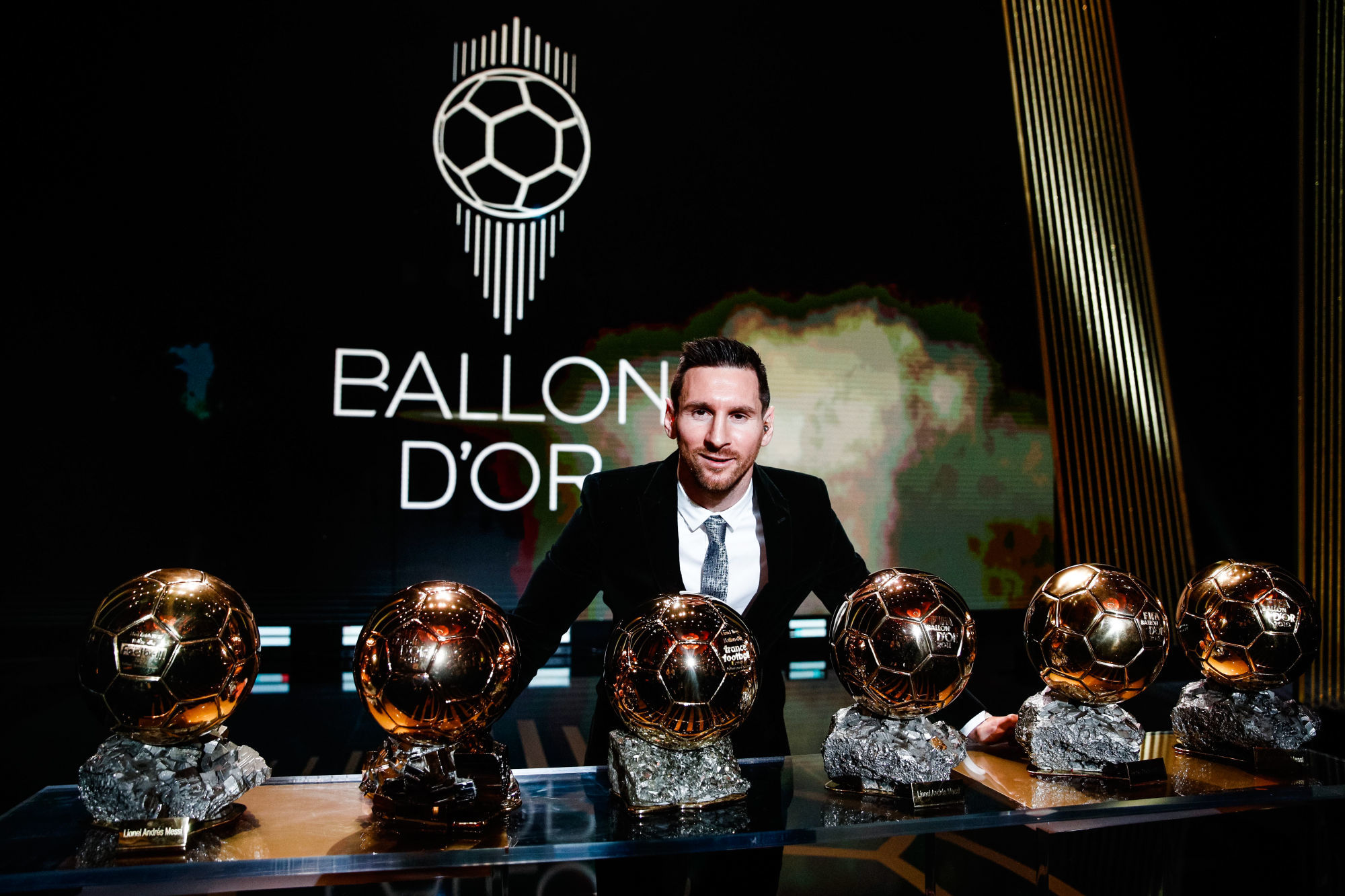 (191203) -- BEIJING, Dec. 3, 2019 (Xinhua) -- The Men's 2019 Ballon d'Or winner Barcelona forward Lionel Messi poses with his six Ballon d'Or trophies he won in his career so far during the ceremony at the Theatre du Chatelet in Paris, France, Dec. 2, 2019. (Photo by Aurelien Morissard/Xinhua) (Photo by Xinhua/Sipa USA) 

Photo by Icon Sport - Theatre du Chatelet - Paris (France)