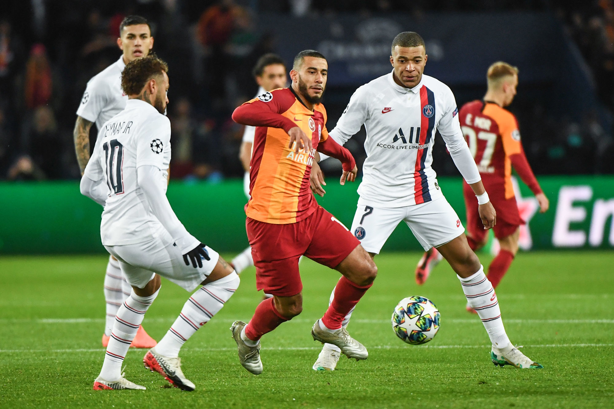 NEYMAR JR of PSG, Younes BELHANDA of Galatasaray and Kylian MBAPPE of PSG during the Champions League match between Paris Saint Germain and Galatasaray at Parc des Princes on December 11, 2019 in Paris, France. (Photo by Anthony Dibon/Icon Sport) - Parc des Princes - Paris (France)