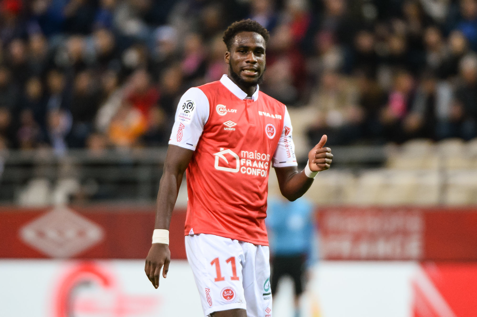 Boulaye DIA of Reims reacts during the French Ligue 1 football match between Stade de Reims and Montpellier HSC at Stade Auguste Delaune on October 19, 2019 in Reims, France. (Photo by Baptiste Fernandez/Icon Sport) - Boulaye DIA - Stade Auguste-Delaune - Reims (France)