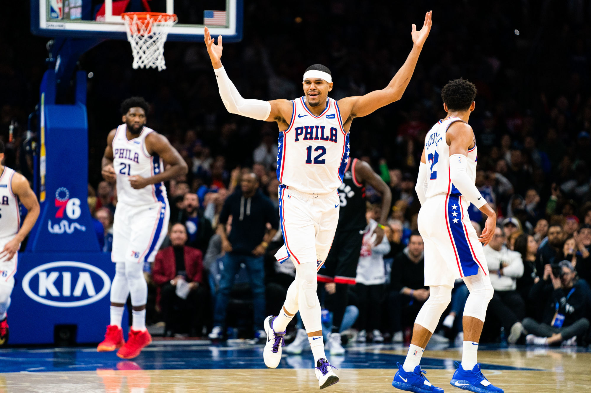 Dec 8, 2019; Philadelphia, PA, USA; Philadelphia 76ers forward Tobias Harris (12) reacts after his score against the Toronto Raptors during the second quarter at Wells Fargo Center. Mandatory Credit: Bill Streicher-USA TODAY Sports/Sipa USA 


Photo by Icon Sport - Wells Fargo Center - Philadelphia (Etats Unis)