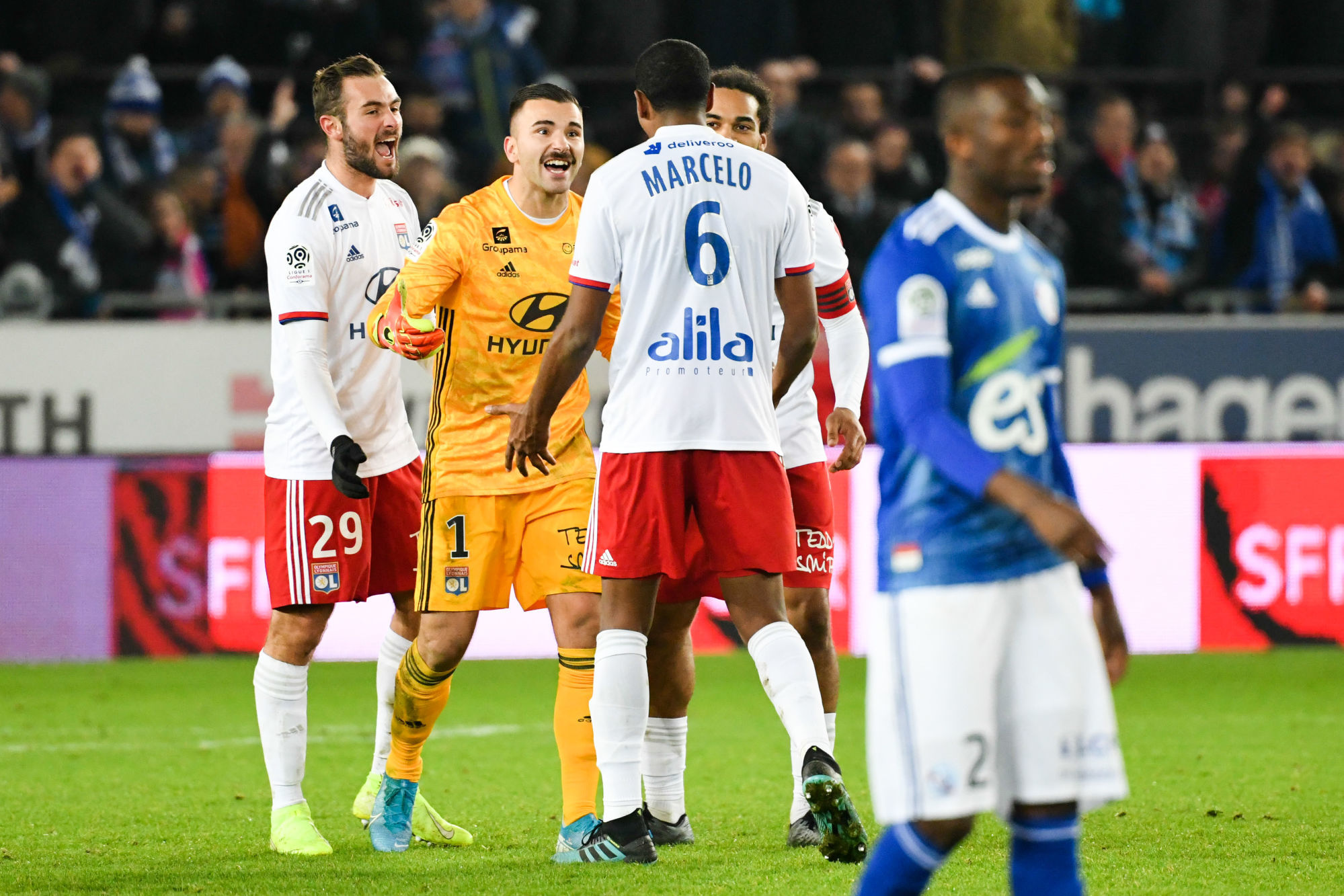 Lucas TOUSART of Lyon, Anthony LOPES of Lyon andMARCELO of Lyon during the Ligue 1 match between Strasbourg and Lyon at Stade de la Meinau on November 30, 2019 in Strasbourg, France. (Photo by Sebastien Bozon/Icon Sport) - Lucas TOUSART - Anthony LOPES - Marcelo GUEDES FILHO - Stade de la Meinau - Strasbourg (France)