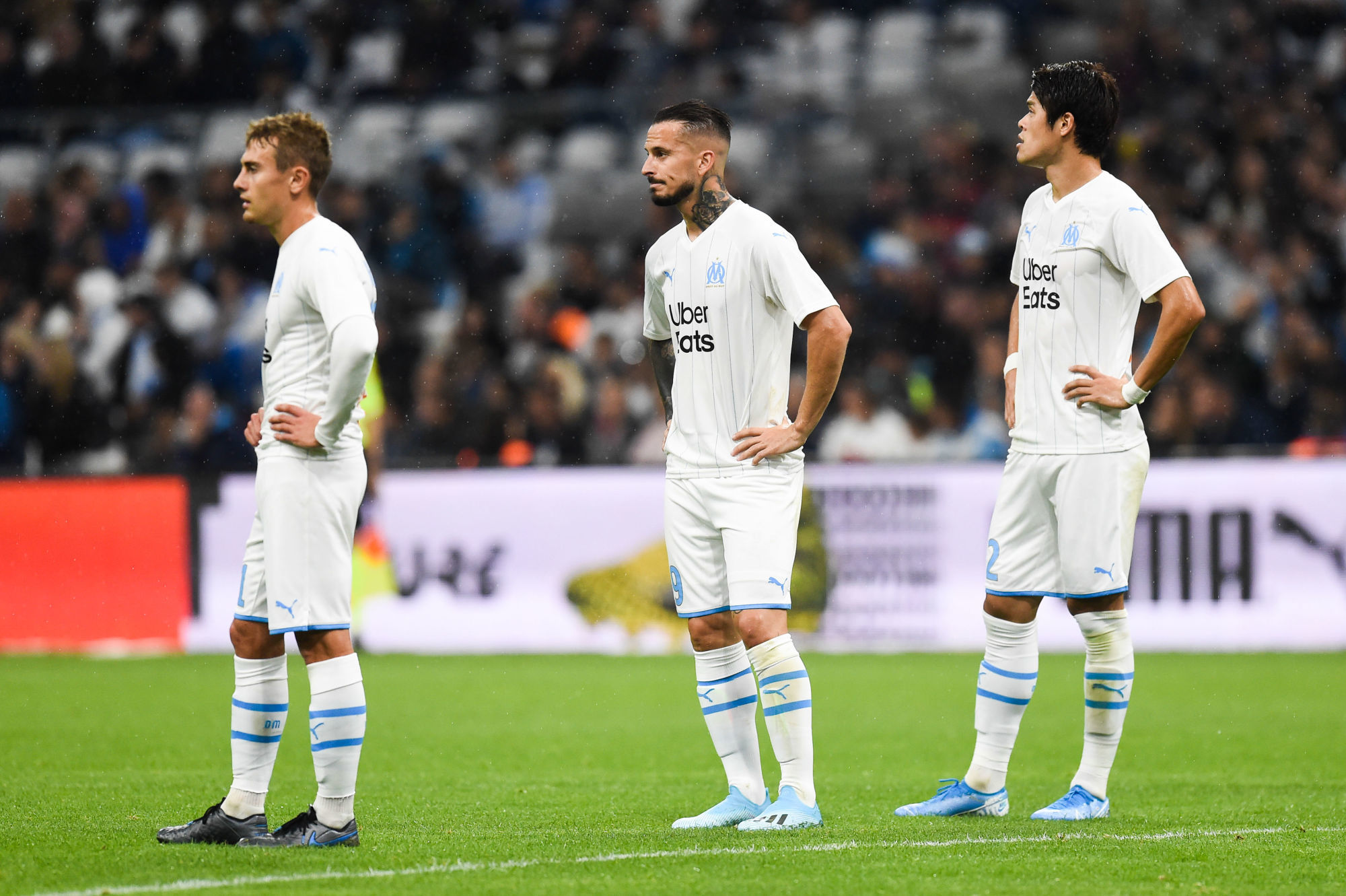 Valentin RONGIER of Marseille and Dario Benedetto of Marseille  and Hiroki Sakai of Marseille  during the Ligue 1 match between Olympique Marseille and RC Strasbourg at Stade Velodrome on October 20, 2019 in Marseille, France. (Photo by Alexandre Dimou/Icon Sport) - Dario BENEDETTO - Valentin RONGIER - Hiroki SAKAI - Orange Vélodrome - Marseille (France)