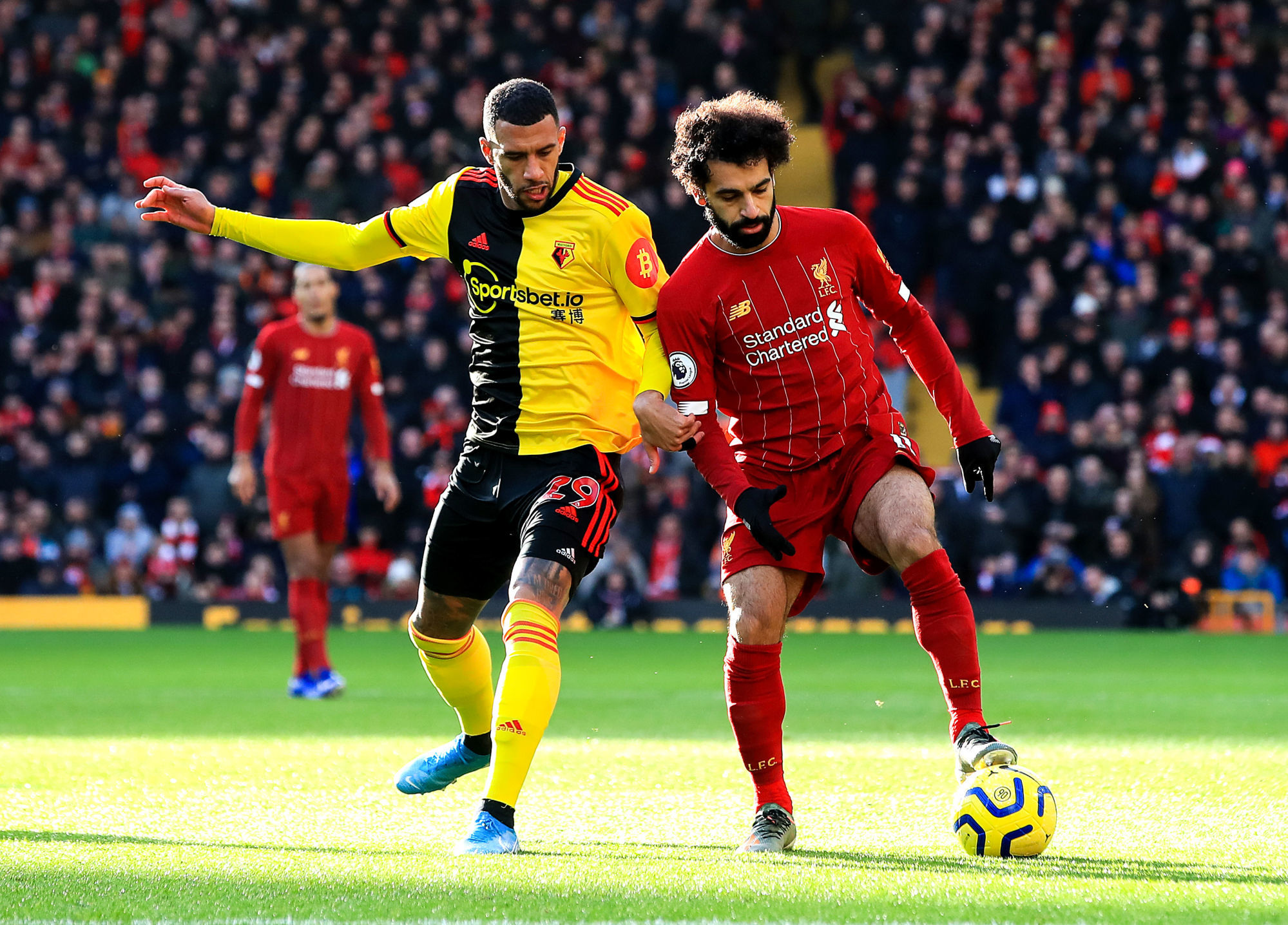 Watford's Etienne Capoue (left) and Liverpool's Mohamed Salah (right) battle for the ball during the Premier League match at Anfield Stadium, Liverpool. 


Photo by Icon Sport - Anfield Road - Liverpool (Angleterre)