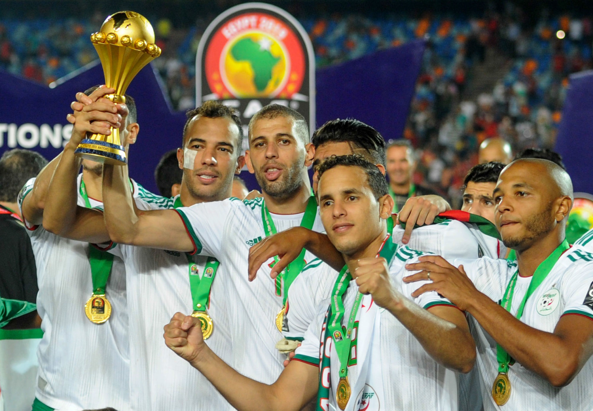 Algeria players celebrate after winning the 2019 Africa Cup of Nations Finals Final match between Senegal and Algeria at the Cairo International Stadium in Egypt on 19 July 2019. Photo : PA Images / Icon Sport