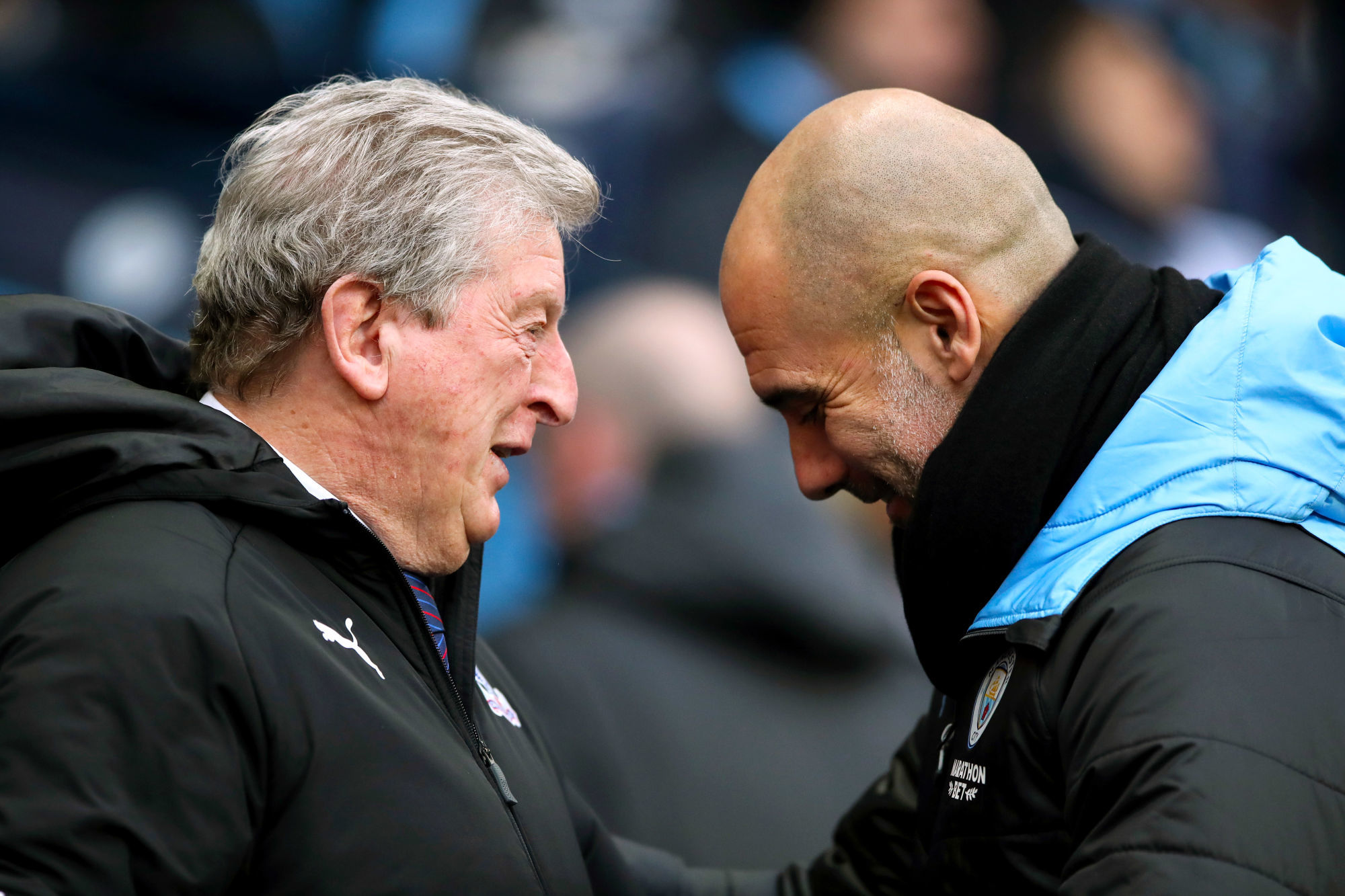 Crystal Palace manager Roy Hodgson (left) and Manchester City manager Pep Guardiola ahead of the match 

Photo by Icon Sport - Etihad Stadium - Manchester (Angleterre)