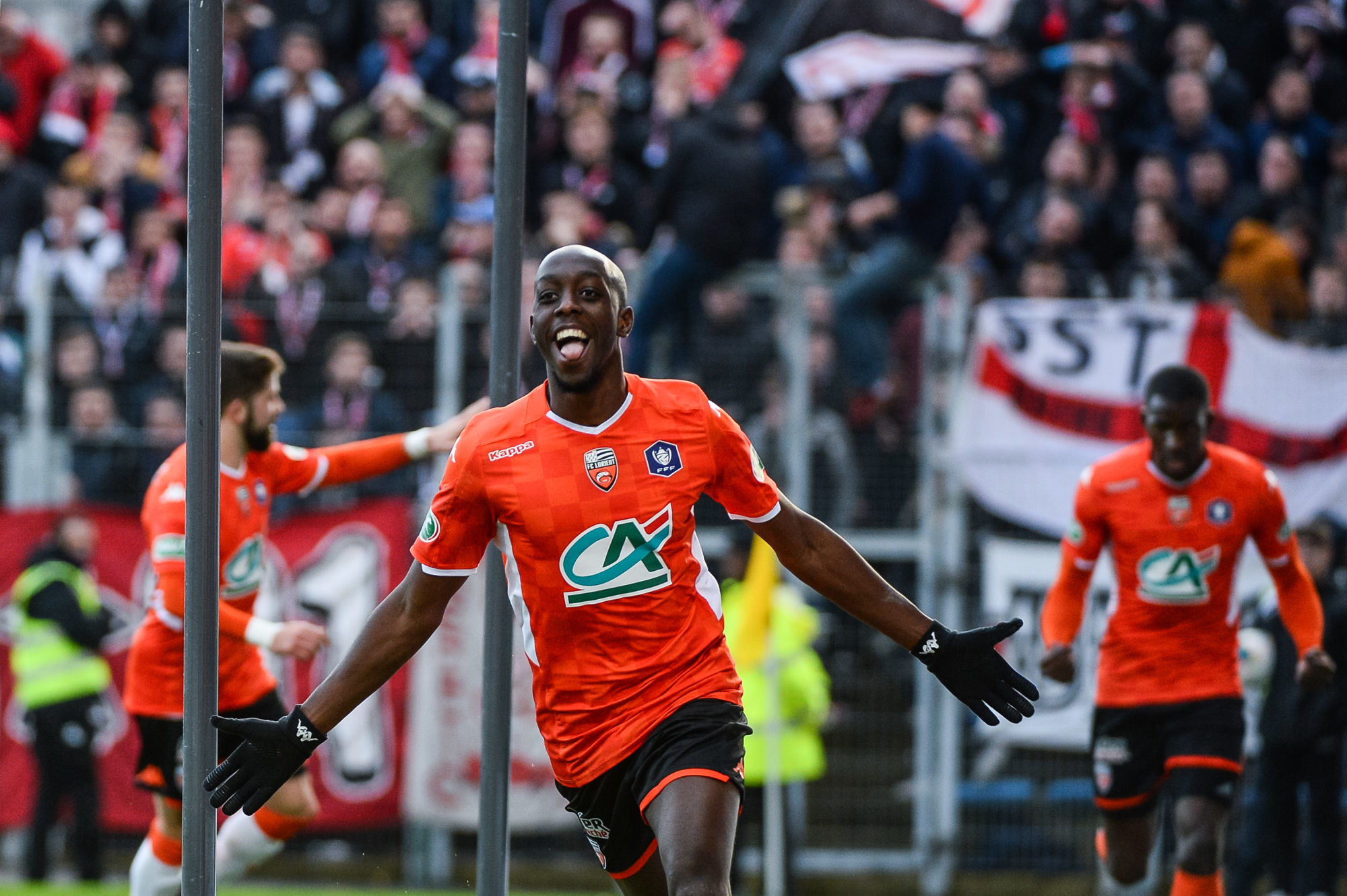 Yoane WISSA of Lorient celebrates his goal during the French Cup Soccer match between Lorient and Brest on January 5, 2020 in Lorient, France. (Photo by Baptiste Fernandez/Icon Sport) - Yoane WISSA - Stade du Moustoir - Lorient (France)