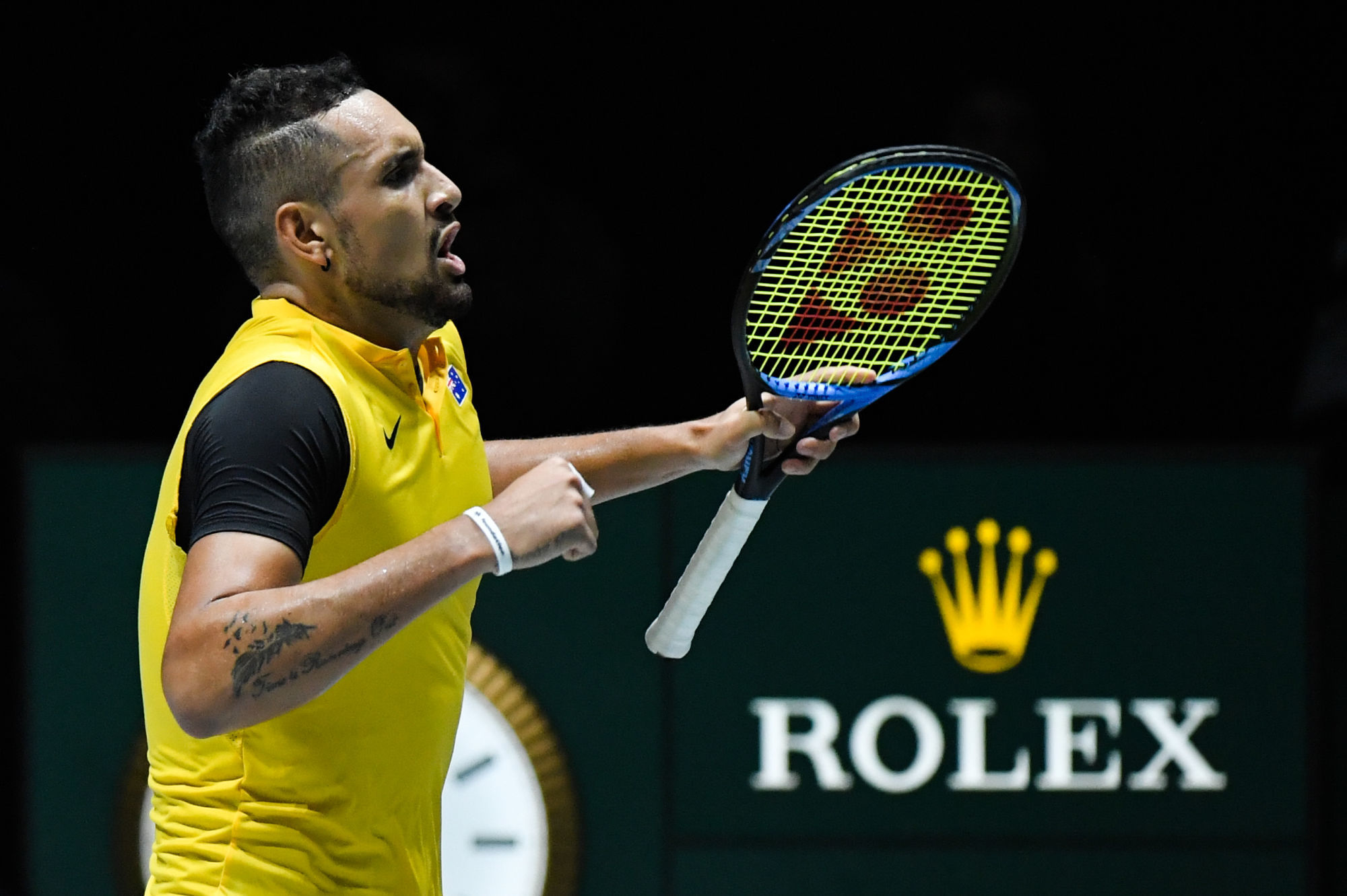 Australian Nick Kyrgios celebrates after winning a tennis match against Belgian Steve Darcis, the first match in the David Cup meeting between Belgium and Australia, Wednesday 20 November 2019, in Madrid, Spain. Belgium and Australia are playing the second game in group D of the group stage of the Davis Cup World Group tennis finals. Both countries won their first meeting.
BELGA PHOTO BENOIT DOPPAGNE 

Photo by Icon Sport - Nick KYRGIOS