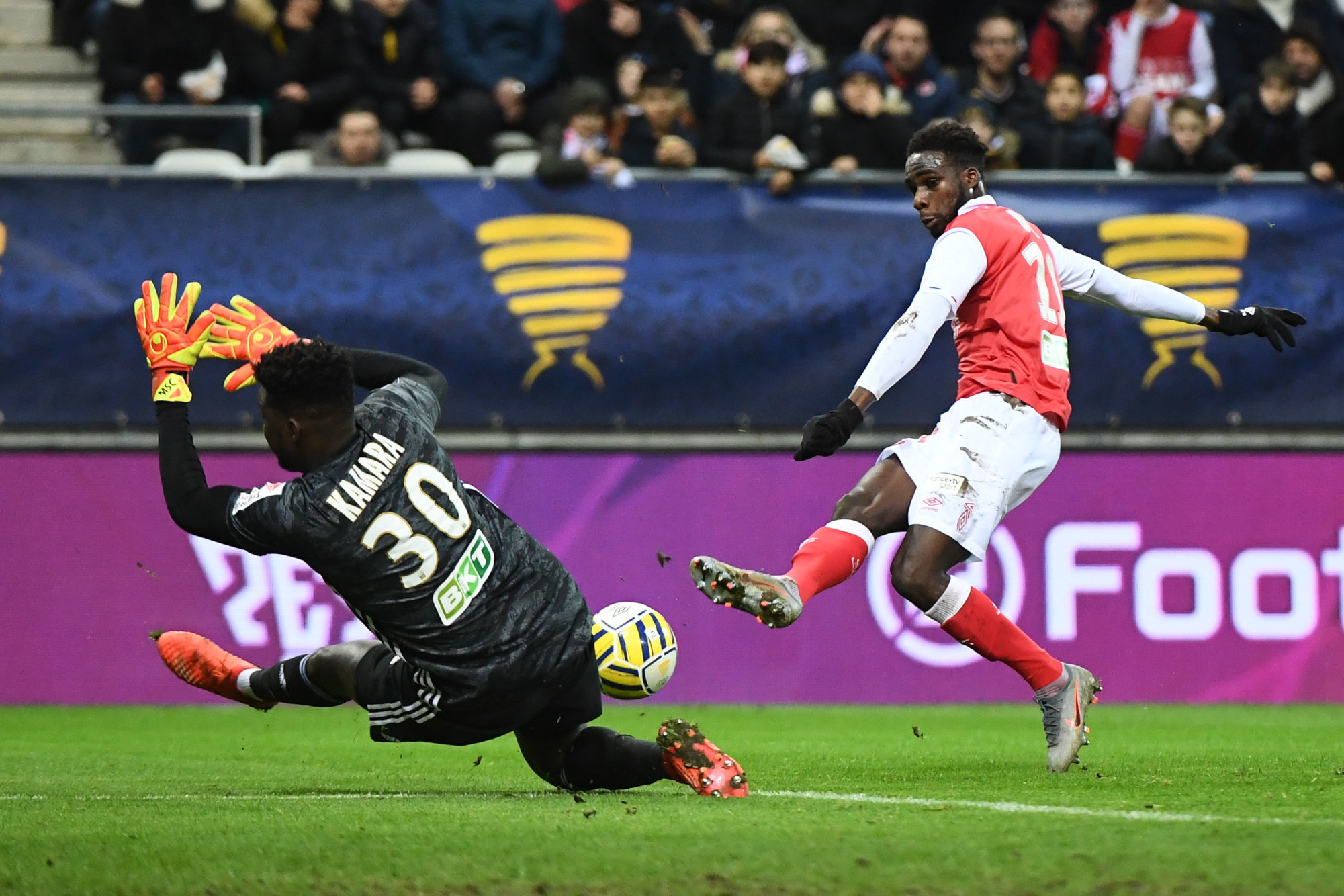 Bingourou KAMARA of Strasbourg and Boulaye DIA of Reims during the League Cup match between Reims and Strasbourg at Stade Auguste Delaune on January 7, 2020 in Reims, France. (Photo by Anthony Dibon/Icon Sport) - Stade Auguste-Delaune - Reims (France)