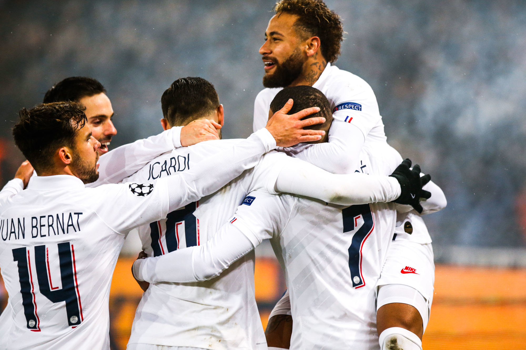 Team PSG celebrate his goal during the Champions League match between Paris and Galatasaray at Parc des Princes on December 11, 2019 in Paris, France. (Photo by Johnny Fidelin/Icon Sport) - NEYMAR JR - Mauro ICARDI - Pablo SARABIA - Kylian MBAPPE - Juan BERNAT - Parc des Princes - Paris (France)